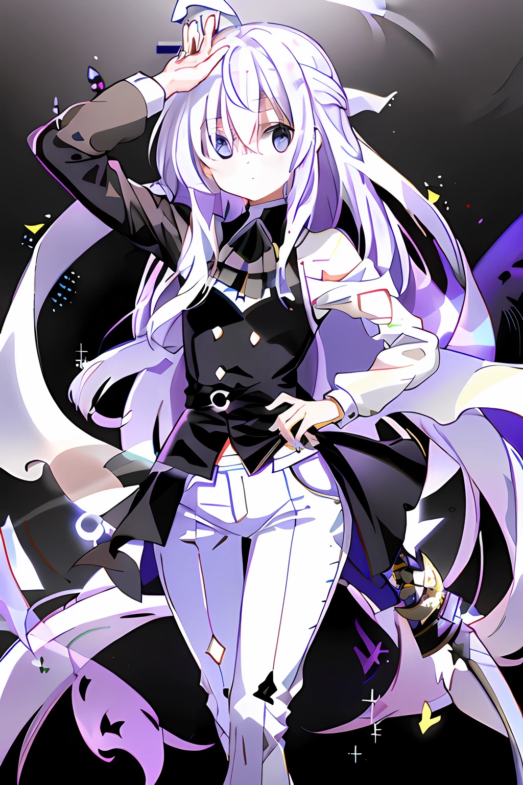 adolable,Young girls,long white hair,hair straight,voluminous hair,Light purple eyes,The eyes have reverse cross lines,White top,black long pants,long trousers,Black waist seal,black long boots,Long sword
