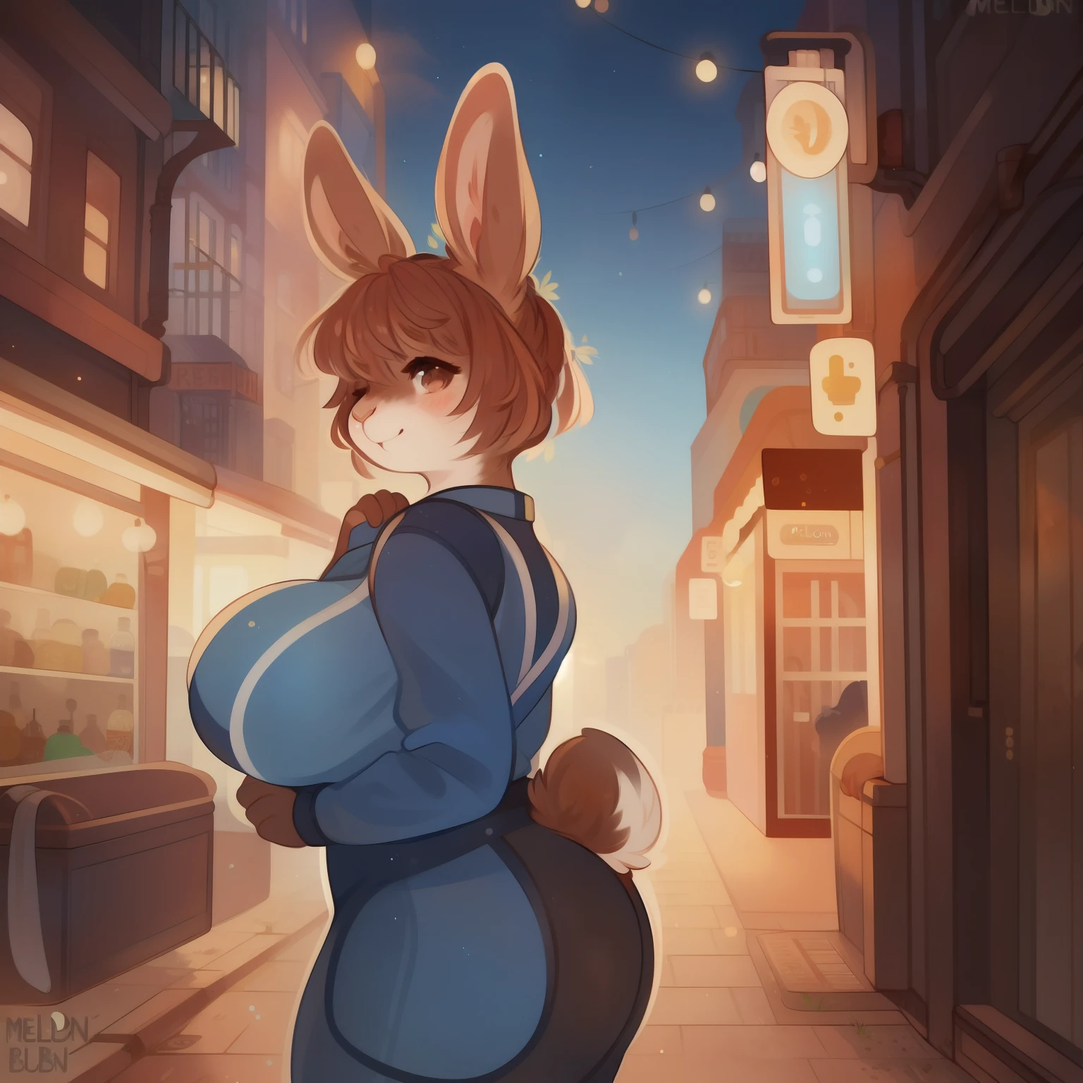 Solo, standing, female, street, (((by mellonbun))), rabbit, (hair, snout), detailed eyes, copper hair, short hair, dark brown fur, big breasts, blue spacesuit