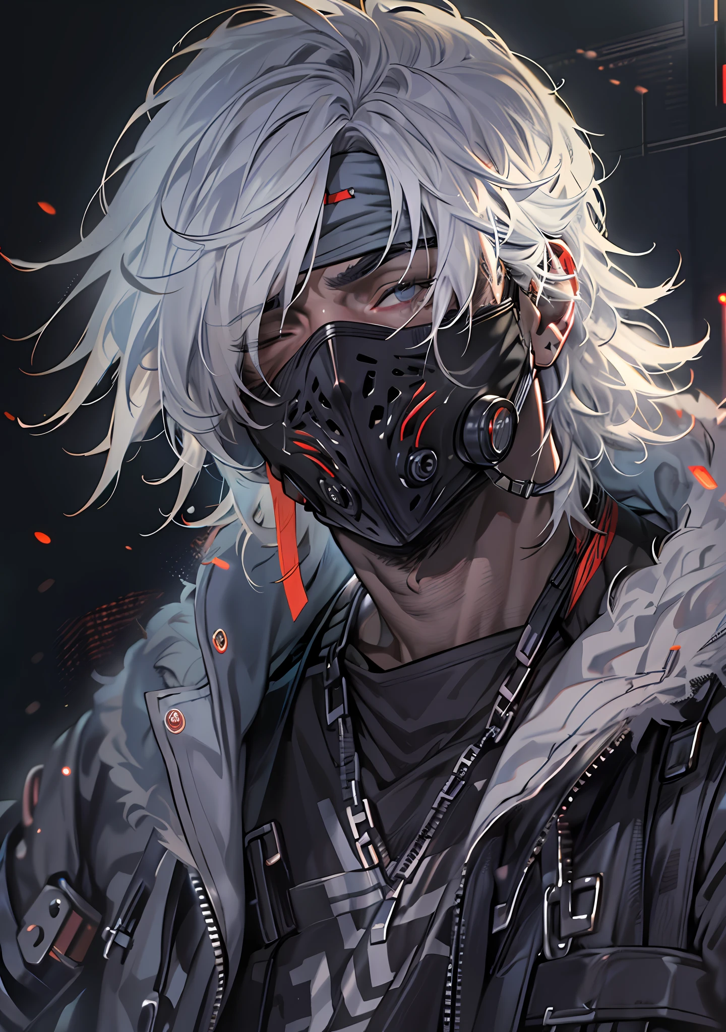 ultra detail, high resolution, ultra detailed, best quality, amazing, top quality, extremely detailed CG 8k wallpaper unit, cinematic lighting, cyberpunk, dark boy, trash gang face mask, 18 white haired boy, blind with a black bandana covering his eyes