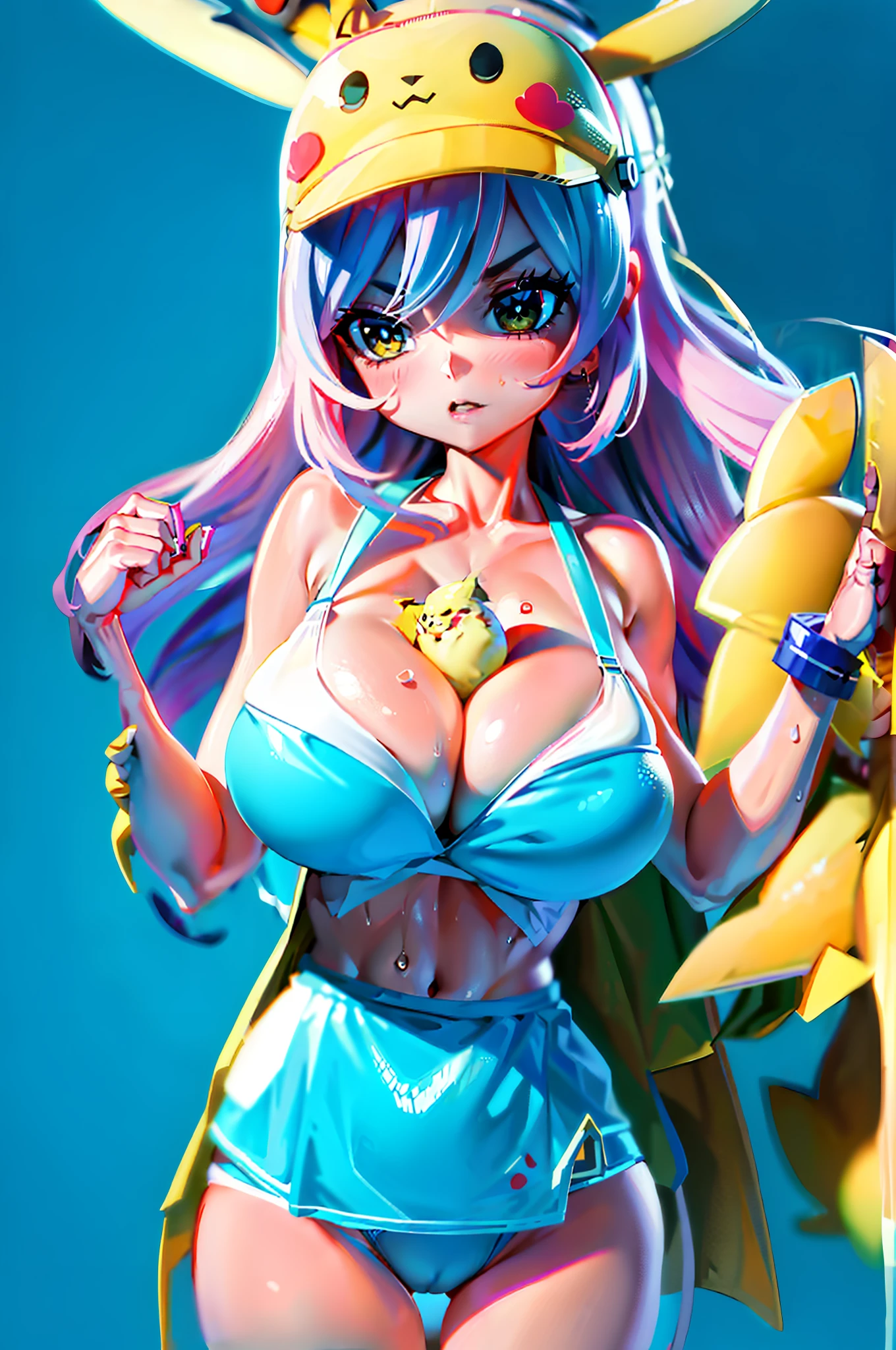 1 Sexy girl in bikini， Briefs！between breasts， Low-cut underwear！with no underpants，！Pikachu is sandwiched between the breasts， Briefs！ tmasterpiece， Best quality at best， highly  detailed，gigantic cleavage breasts！gigantic cleavage breasts！Big breasts and big ass！huge tit！比基尼！Clear bikini swimsuit！！！sweat leggs！sweat leggs！sweat leggs！