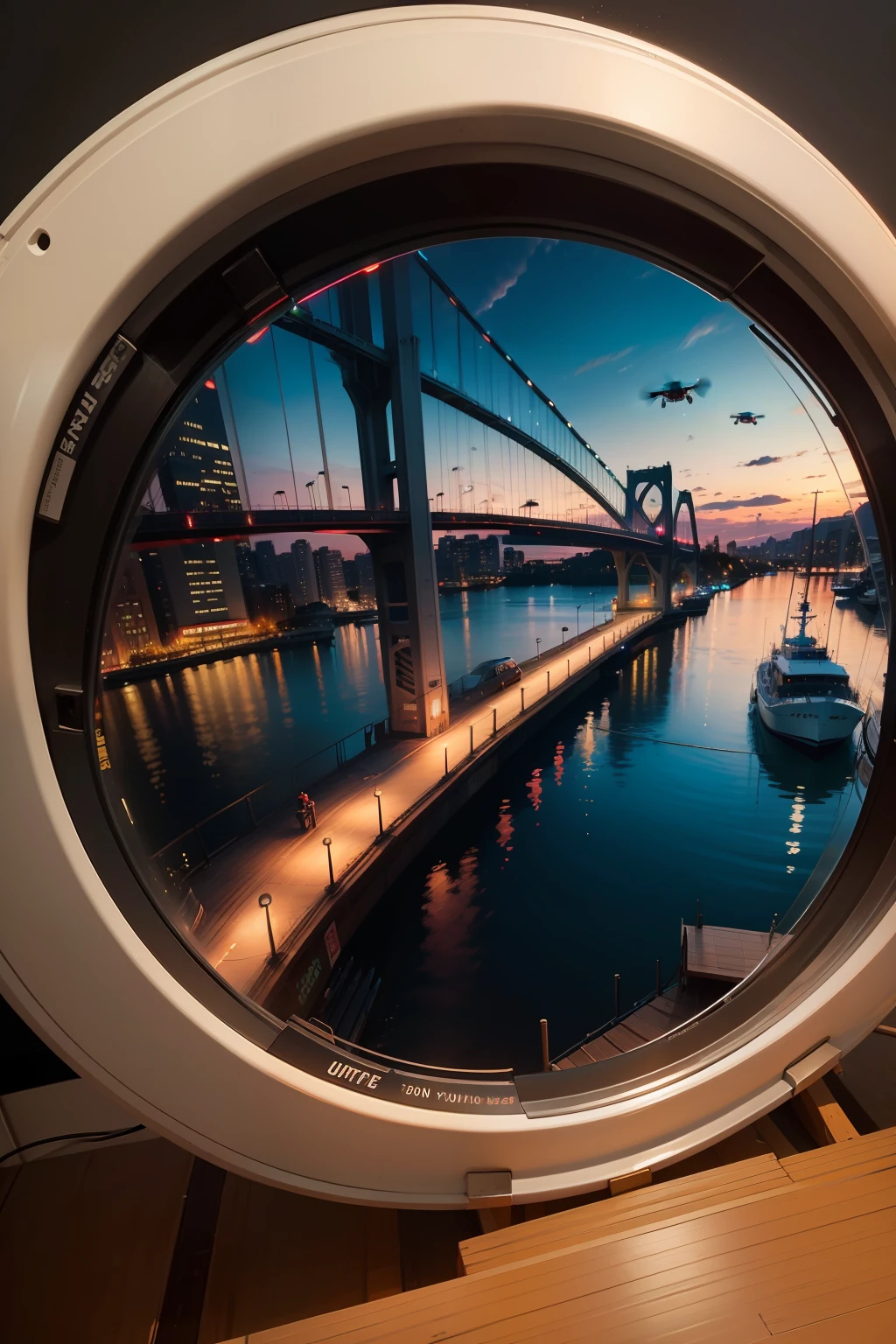 a hyper realistic editorial fisheye drone view acrylic painting of Lake Union in Seattle, WA with neon highlights