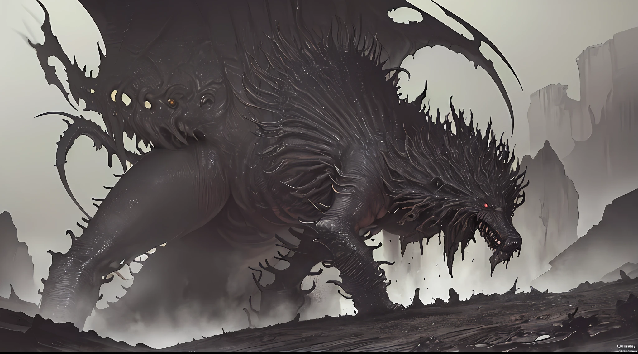 masterpiece, best quality, highres, ultra-detailed, dark night, horror, creepy ancient evil creature, abandoned mine, monochromatic (manga spread by kentaro miura, tsutomu nihei)