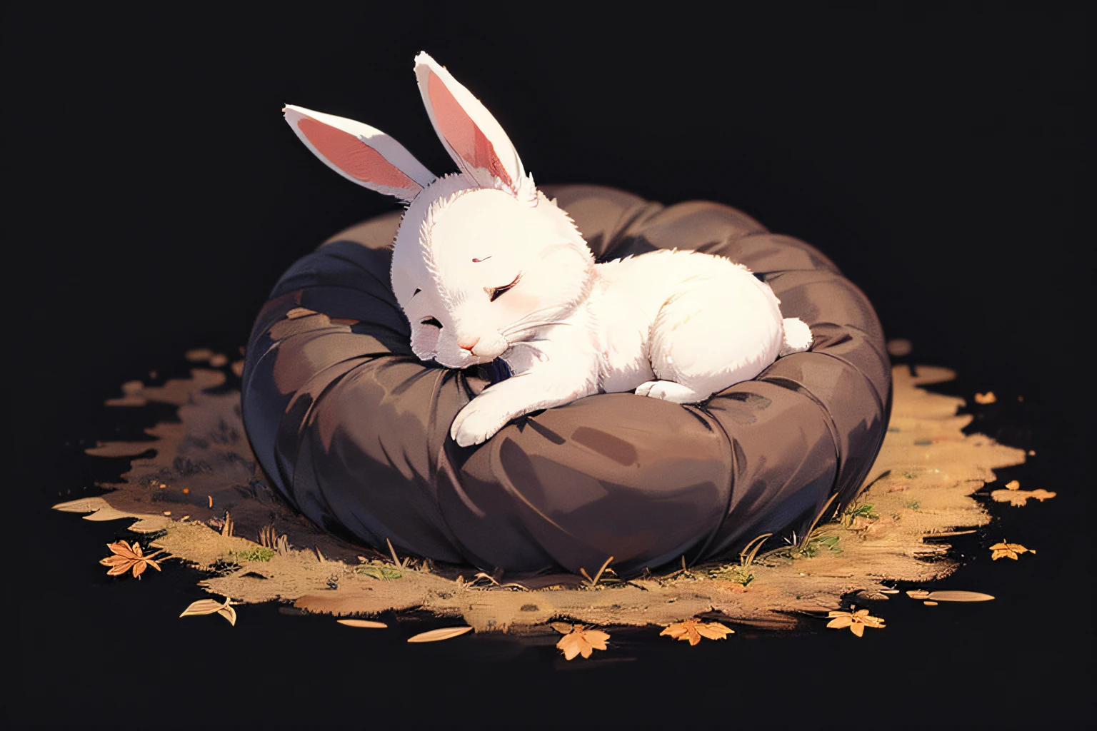 (black background: 1.4), original, (illustration: 1.1), (best quality), (masterpiece: 1.1), (color: 0.9), (medium lens: 1.4), full body, character concept art, clear and sharp focus, interior, looking at the audience, ((beautiful)), bunny, curled up, sleeping