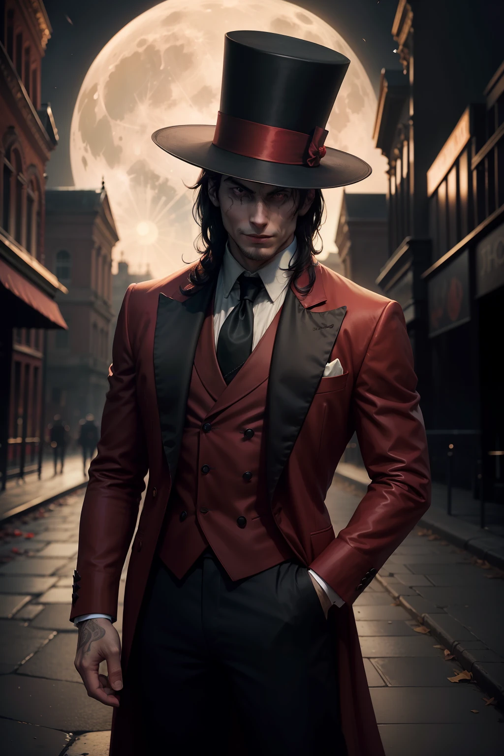 A man in a dark red suit and top hat stands outside an old abandoned circus. The full moon shines in the dark sky, casting a pale light on the scenery. o Homem, com um sorriso sinistro no rosto. Ao fundo, A troupe of clowns hides in the shadows, observando atentamente o homem misterioso.