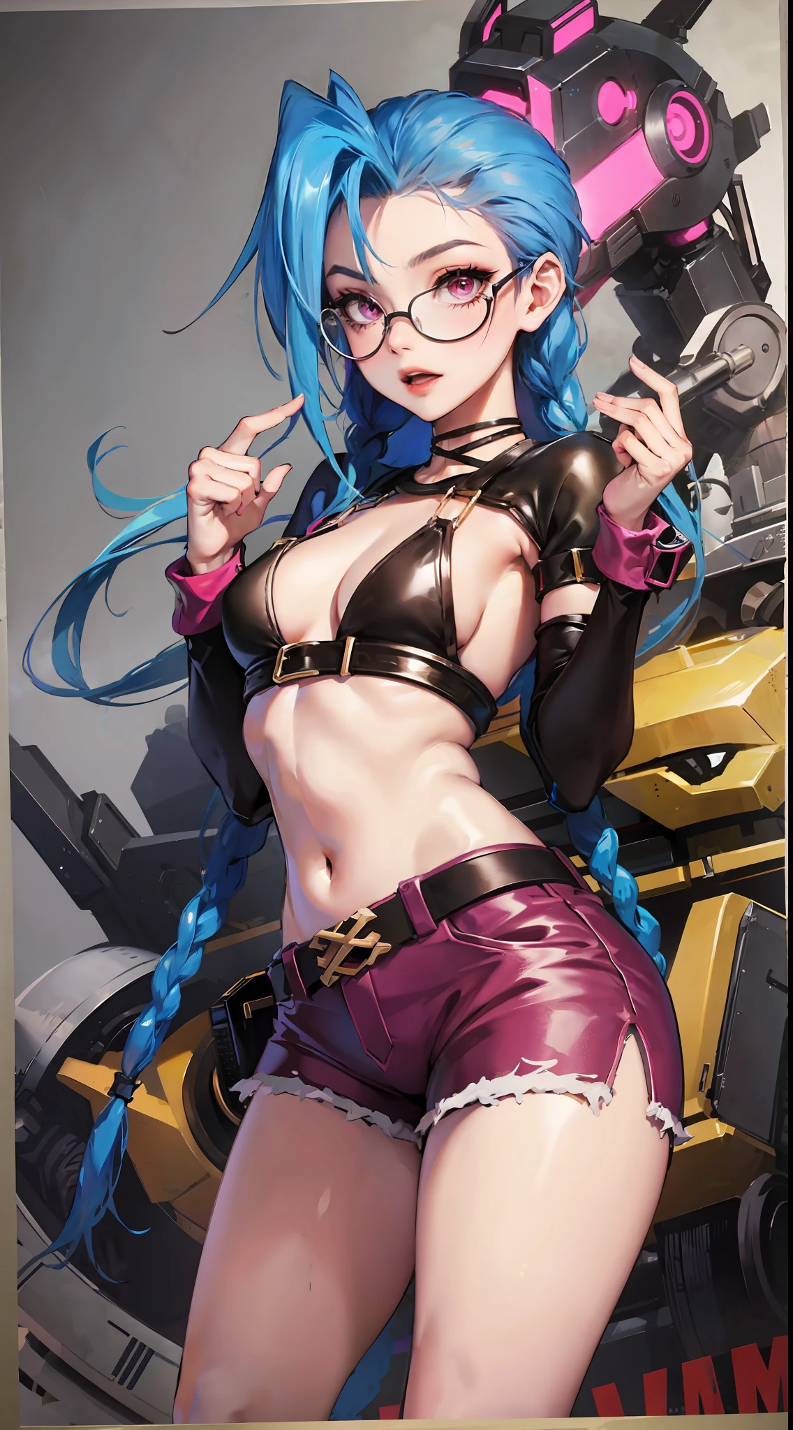Jinx,Fleshy thighs，Poster publicity style，Mecha display，C cup，wears glasses，Ultra shorts