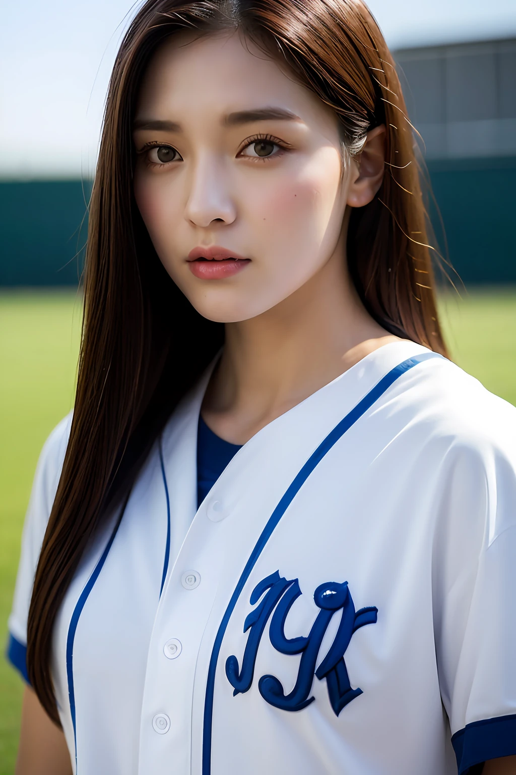 (Photoreal: 1.4), (Hyper-realistic: 1.4), (Realistic: 1.3), (Smooth lighting: 1.05), (Improved cinematic lighting: 0.9), 32K, 1 girl, 20 year old girl, Realistic lighting, Backlight, Face Light, raytrace, (Whitening light: 1.2), (Image enhancement: 1.4), ( Top quality real skins: 1.4), Narrow eyes, Fine face, Narrow eyes, (Body Line Mood Increase: 1.1), Oversized breasts, Big, (Skin Texture Enhancement Beauty: 1.1), Wearing a baseball uniform、Playing Baseball、Being on the baseball field