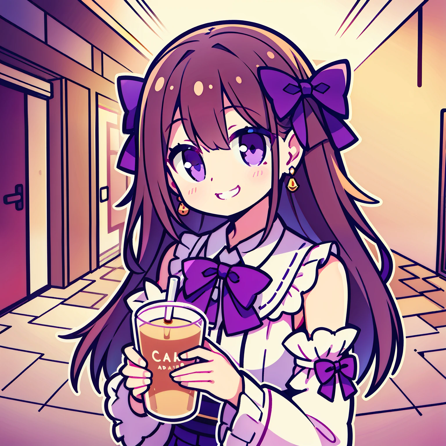 Purple eyes, cute bow beside the cheek, delighted smile, lace trims on shoulders,holding Milk tea, smiling happily