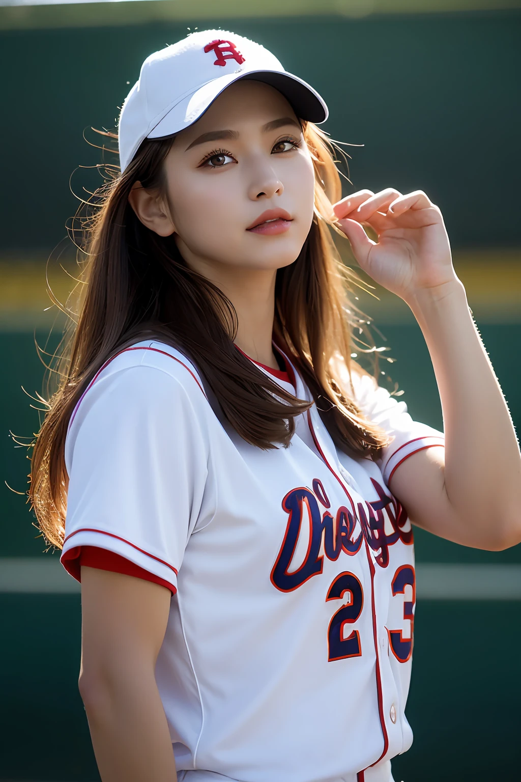 (Photoreal: 1.4), (Hyper-realistic: 1.4), (Realistic: 1.3), (Smooth lighting: 1.05), (Improved cinematic lighting: 0.9), 32K, 1 girl, 20 year old girl, Realistic lighting, Backlight, Face Light, raytrace, (Whitening light: 1.2), (Image enhancement: 1.4), ( Top quality real skins: 1.4), Narrow eyes, Fine face, Narrow eyes, (Body Line Mood Increase: 1.1), Oversized breasts, Big, (Skin Texture Enhancement Beauty: 1.1), Wearing a baseball uniform、Playing baseball、Being on the baseball field