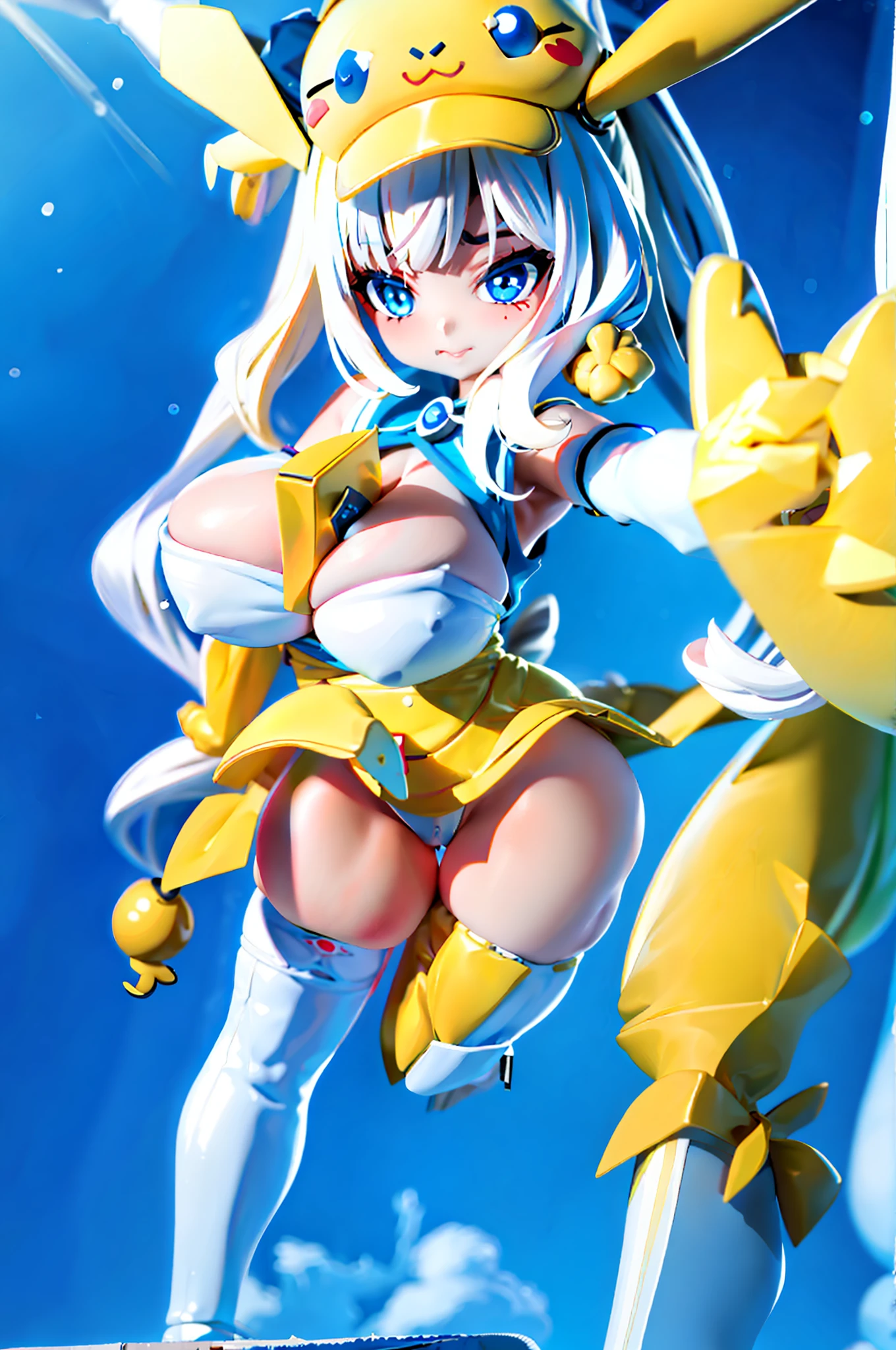 White hair, blue eyes, sexy ,adolable,gigantic cleavage breasts!gigantic ass!huge tit! between breasts, Crop tops,with no underpants, Pikachu is sandwiched between the breasts, Briefs, tmasterpiece, Best quality at best, highly detailed