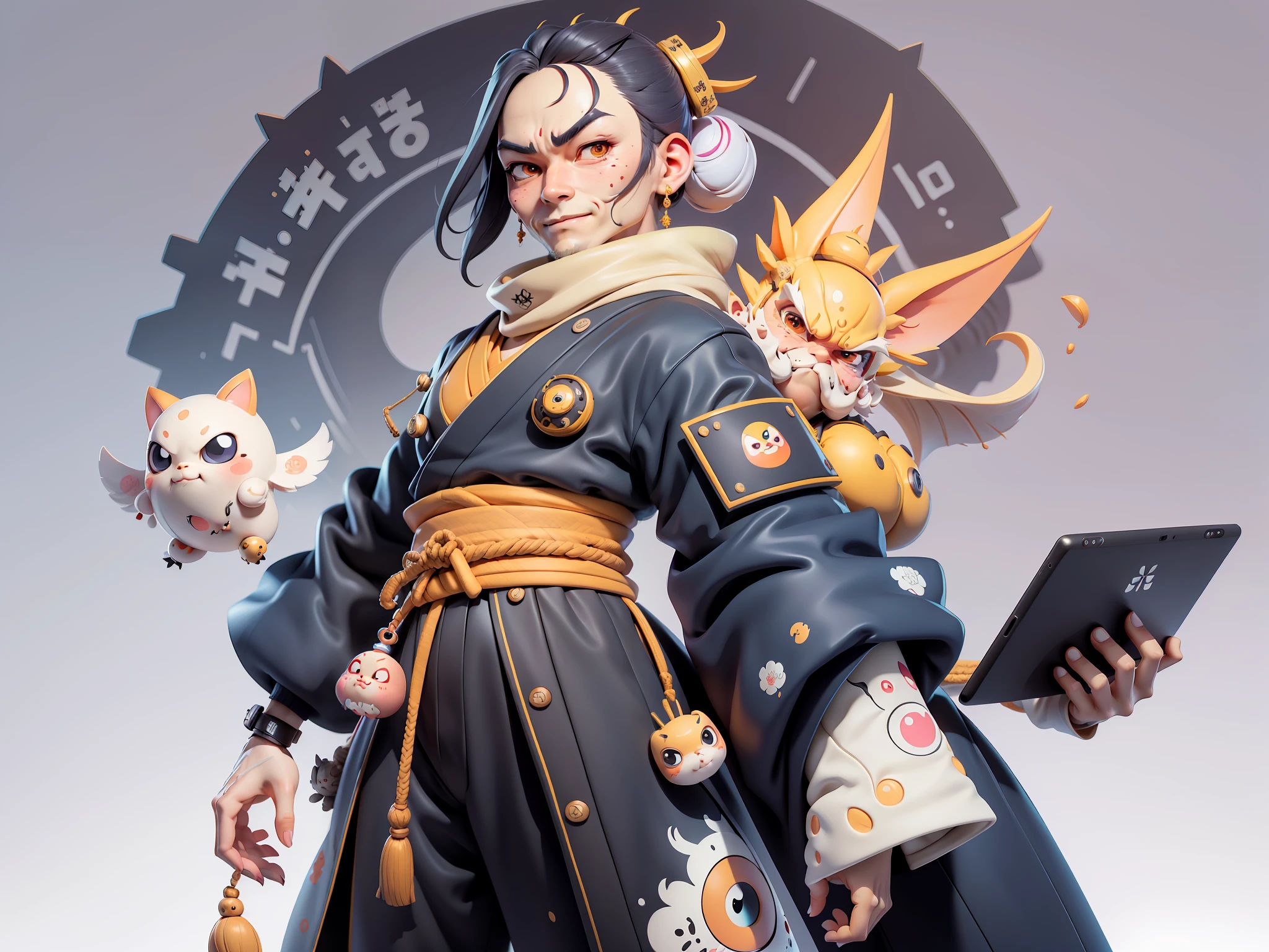 (Daisaku),(Need),(Super meticulous),(full bodyesbian:1.2),Japanese ukiyo-e girl,japanese geisha,Beautiful,Oriental dragon,Aeolian Thor,Raised sexy,爆乳,Oriental face,TV Anchor,Bust portrait illustration,Alone,In black suit,a blue tie,The face is slightly chubby,The face was clean,without a beard,Black super short hair,Black eyes,Smile confidently,3C computer sub-products,iPad, iphone,Digital painting,3D character design by Mark Clairen and Pixar and Hayao Miyazaki and Akira Toriyama,The illustration is a high-definition illustration in 4K resolution,With very detailed facial features and cartoon-style visuals。