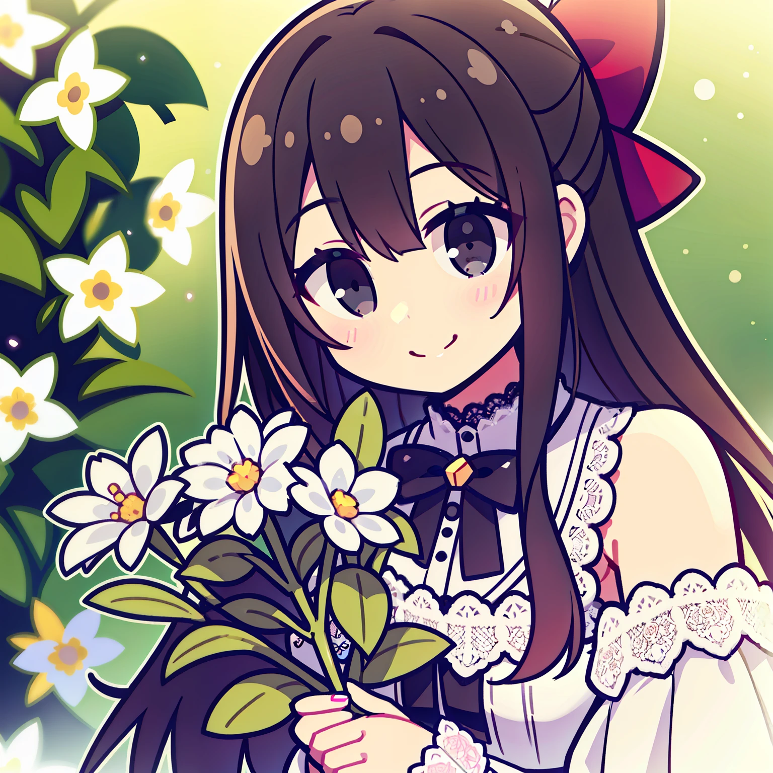 black eyes, cute bow beside the cheek, delighted smile, lace trims on shoulders,holding flower, smiling happily