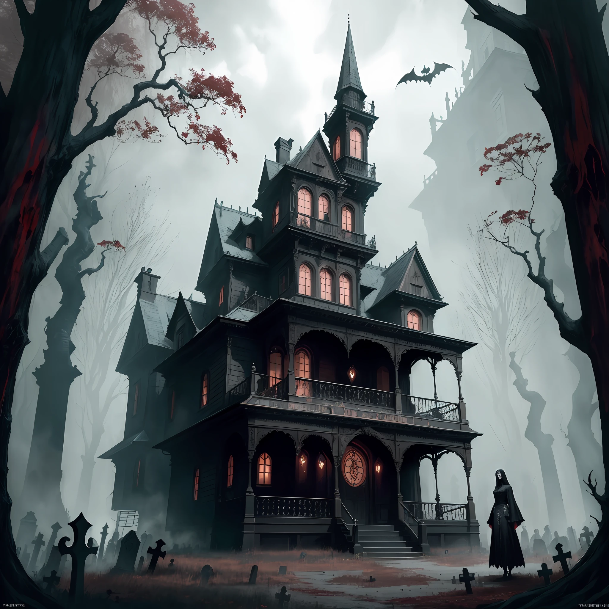 Arafed house with a scary look and a scary cemetery, spooky mansion, inspirado em Andreas Rocha, gothic mansion, haunted house, arte de fundo, haunted house themed, sinistro altamente detalhado, Estilo Andreas Rocha, haunted gothic hotel, casa assombrada ultra detalhada, eerie nostalgic concept art, Directed by: Tomasz Jedruszek, estilo de arte sinistro