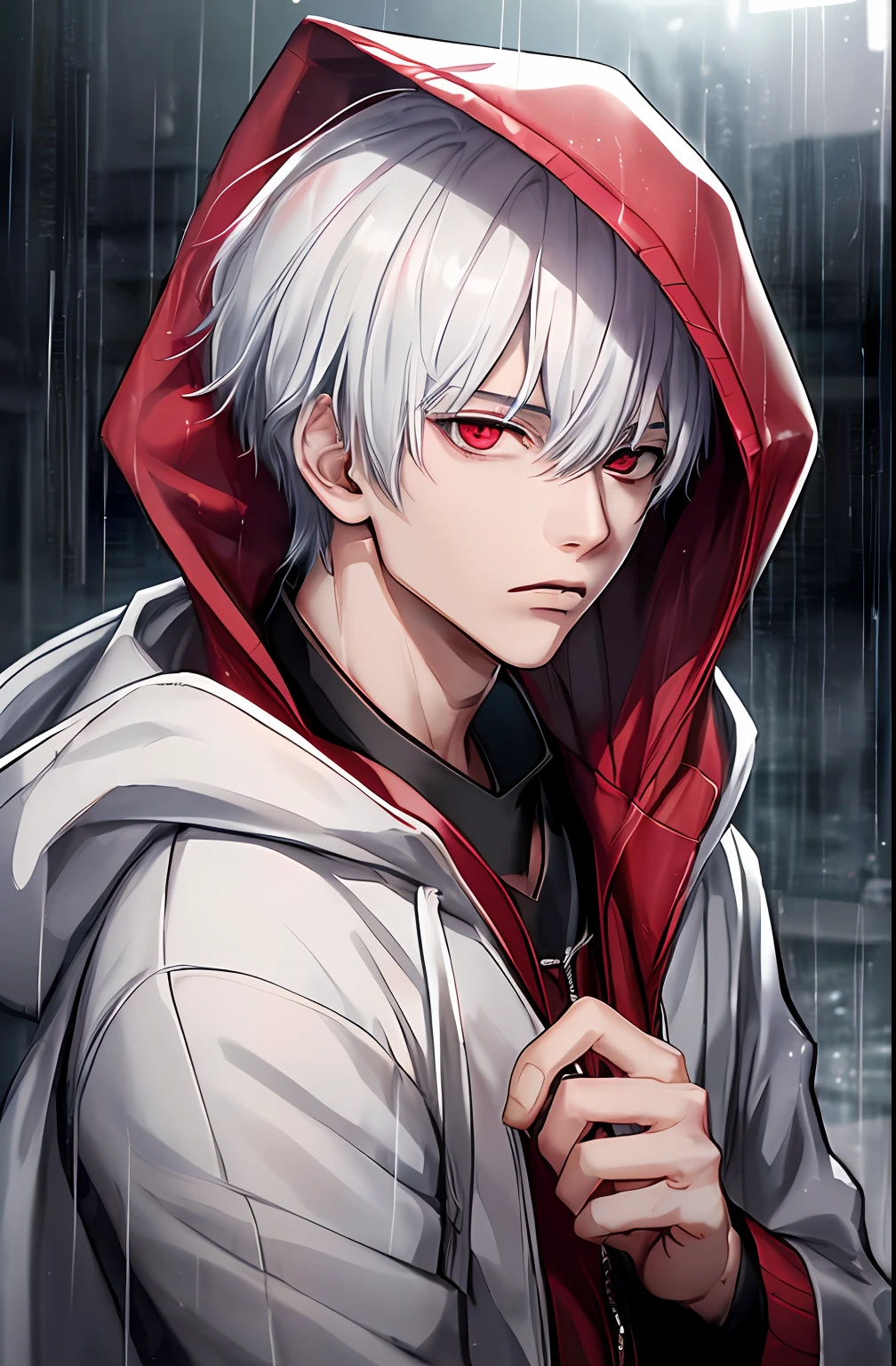 kk, best quality, more details, masterpiece, 1boy, kaneki ken, portrait, male focus, red eyes, solo, bangs, looking at viewer, hood, short hair, rain, tokyo tokyo \(city\),  hood up, nail polish, white hair, luxurious, 8k, detailed, ray tracing, depth of field, cinematic lighting,