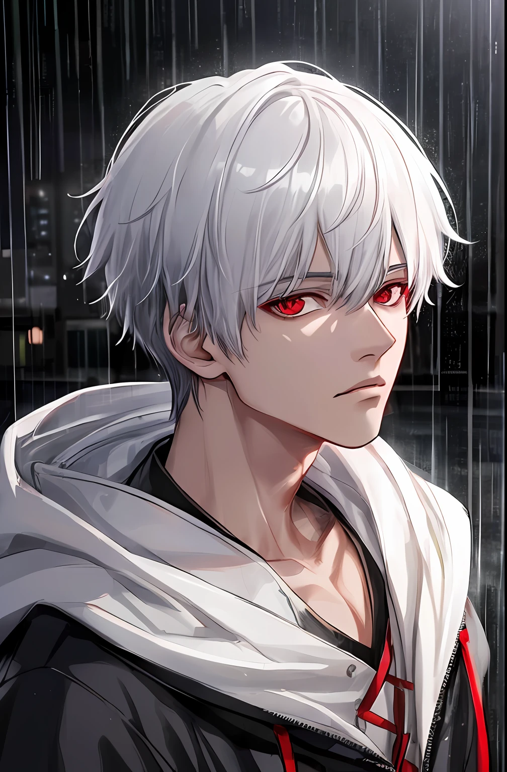 kk, best quality, more details, masterpiece, 1boy, kaneki ken, portrait, male focus, red eyes, solo, bangs, looking at viewer, hood, short hair, rain, tokyo tokyo \(city\), hood up, nail polish, white hair, luxurious, 8k, detailed, ray tracing, depth of field, cinematic lighting,