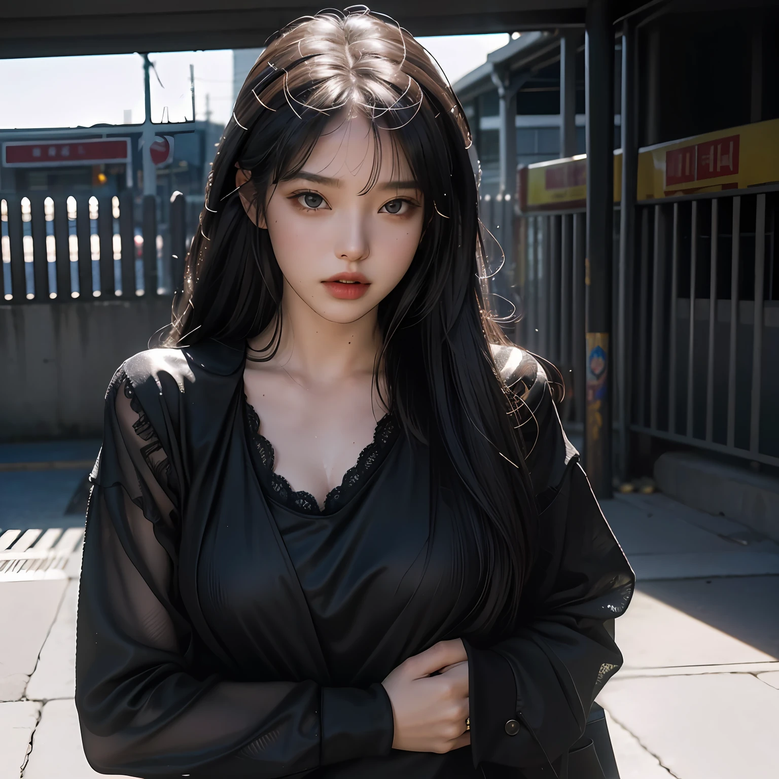 (RAW photos,4k,tmasterpiece,A high resolution,extremly intricate)(realisticlying:1.4),cinematic lighting
1girl, Single focus, Summer noon,Sweat wet the shirt,Black lace,exposing her chest,Sweaty face