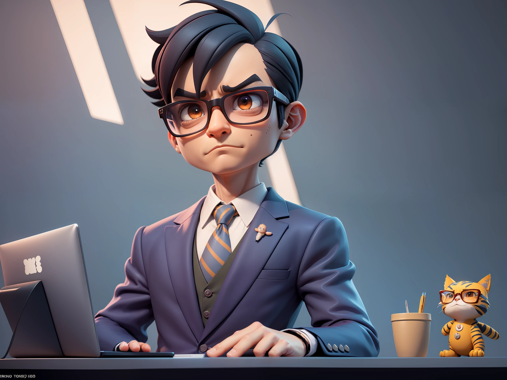 A young man in a suit, Short hair and glasses sat at his desk，holding laptop，digitial painting，tigre，3D character design by Mark Clairen and Pixar and Hayao Miyazaki and Akira Toriyama，4K HD illustration，Very detailed facial features and cartoon-style visuals。