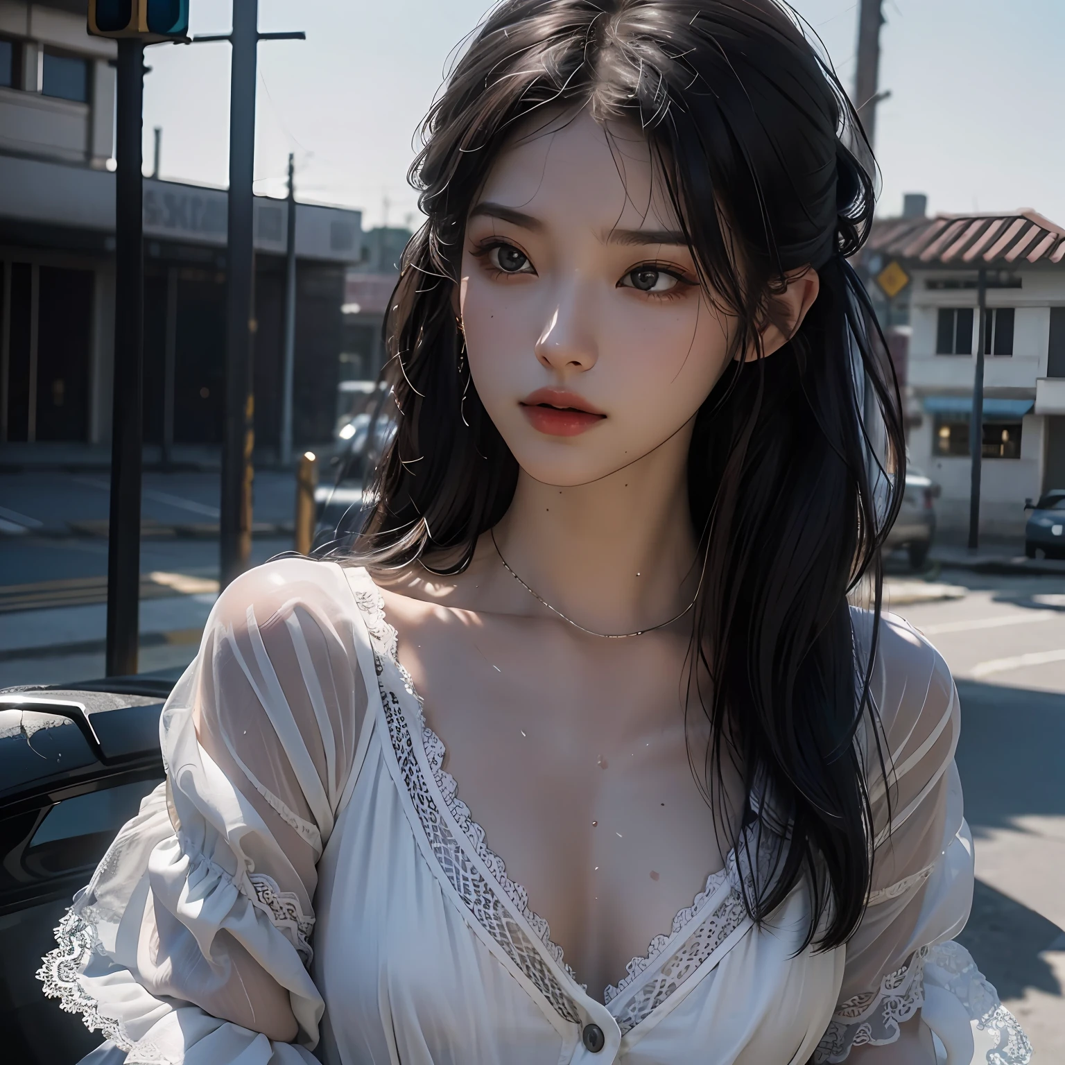 （RAW photos，4k，tmasterpiece，A high resolution，extremly intricate）（realisticlying：1.4），cinematic lighting
1girl， Single focus， Summer noon，Sweat wet the shirt，Black lace，exposing her chest，Sweaty face
