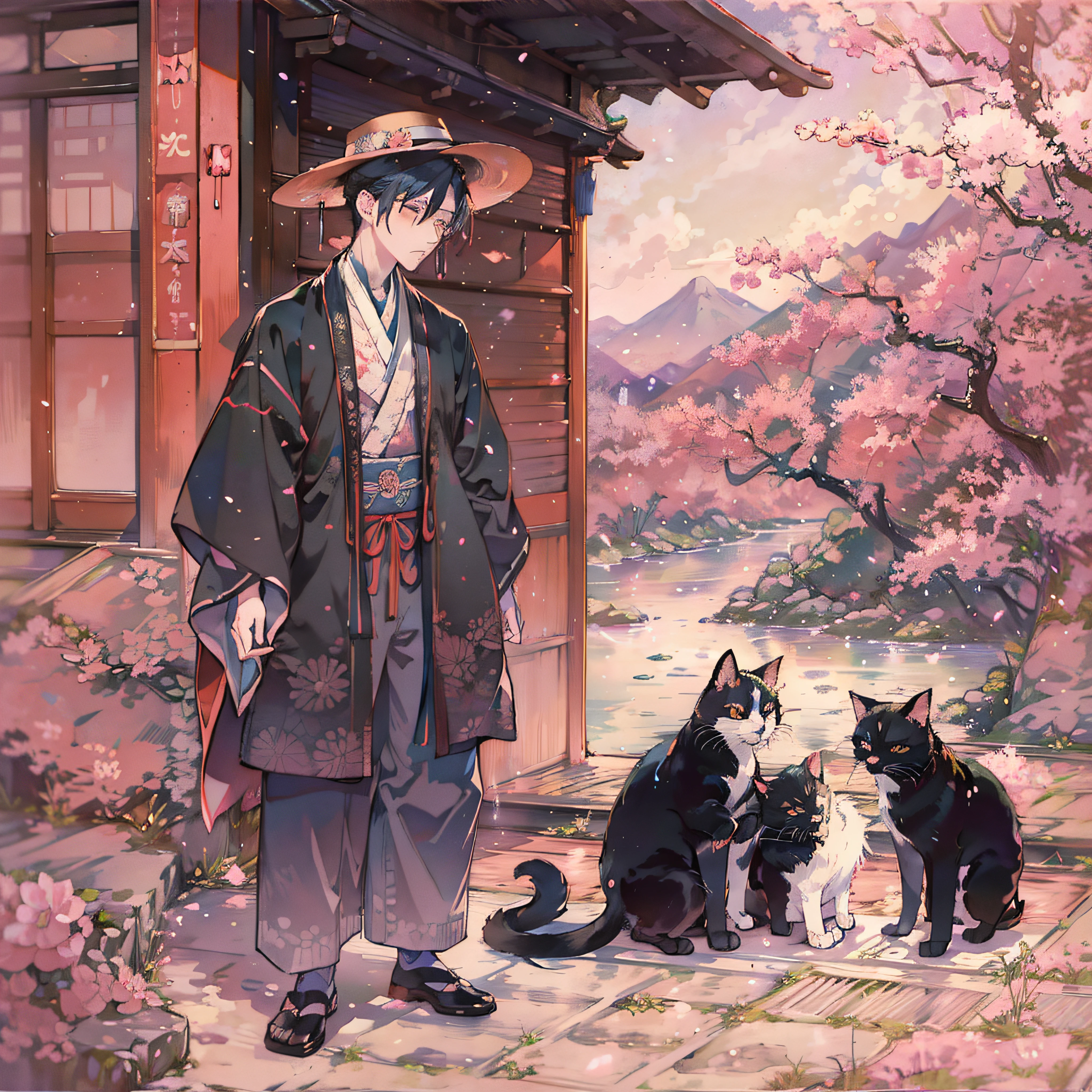masterpiece、uth、Young man with nervous expression、Young man with a melancholy expression、Young man in withered black suit and hat、Poor figure、Landscape with rusty shades、Old Japan landscape、kyoto、Meiji、Taisho、Taisho romance、stone pavement、Cats、top-quality、hightquality、