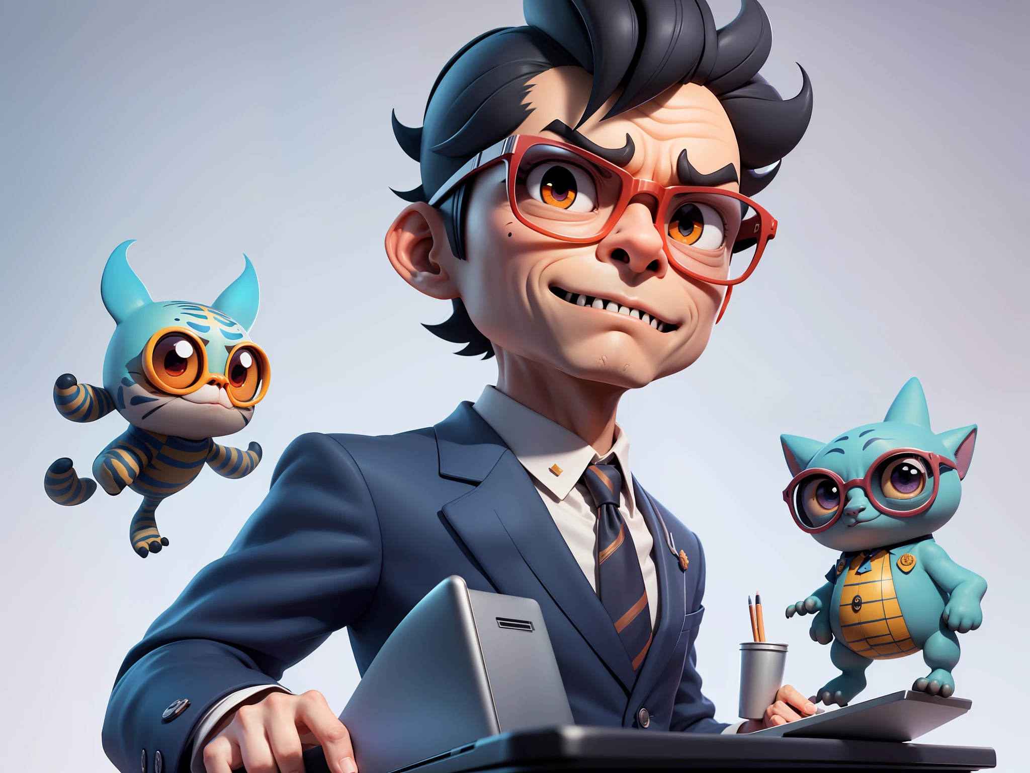 A young man in a suit, Short hair and glasses sat at his desk，holding laptop，digitial painting，tigre，3D character design by Mark Clairen and Pixar and Hayao Miyazaki and Akira Toriyama，4K HD illustration，Very detailed facial features and cartoon-style visuals。