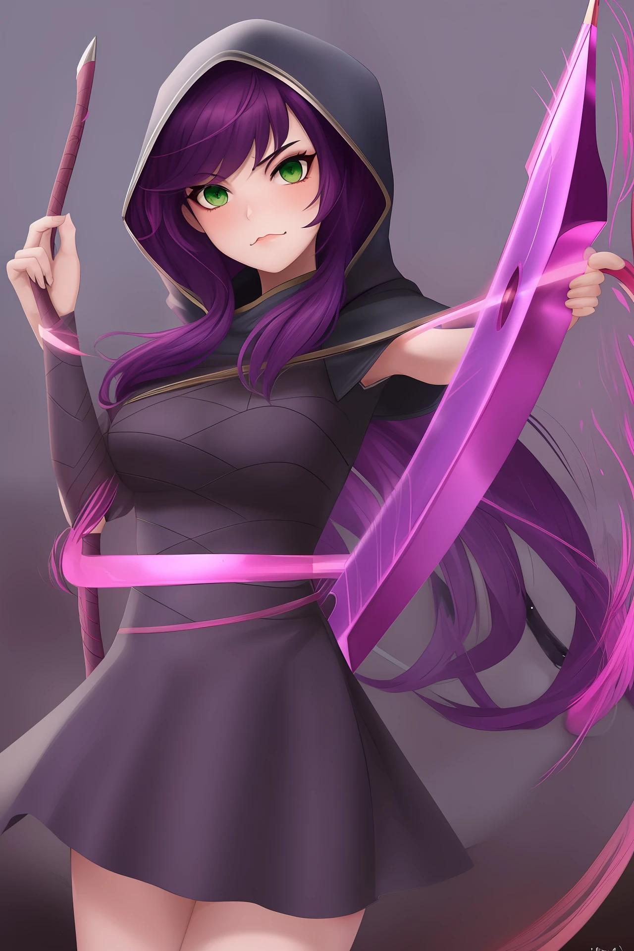 A beautiful fierce woman. Dark purple hair. Bright green eyes. An archer with a hood. Like robin hood. Bow and arrow.