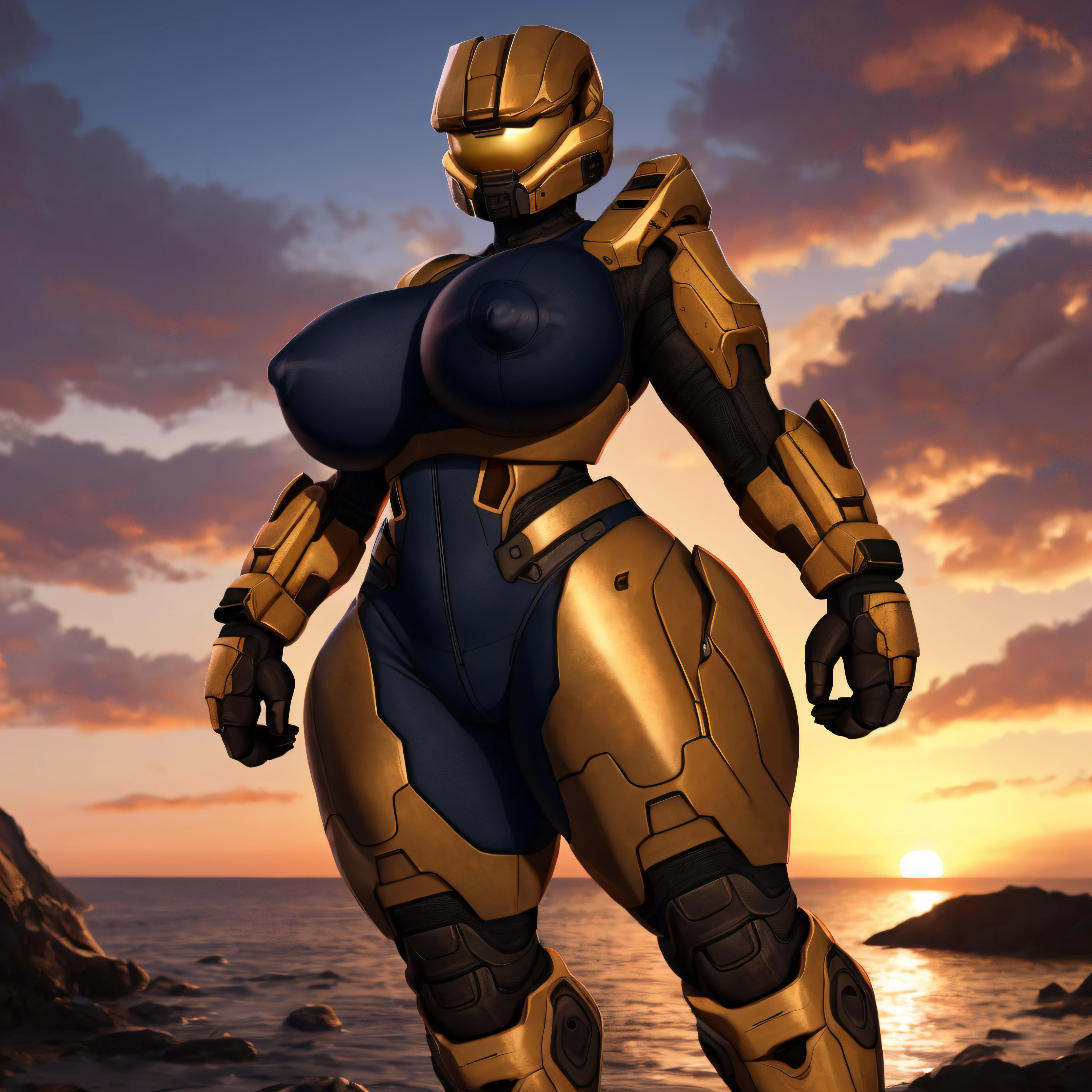 spartan halo, big breasts, wide hips, high res, high resolution, thick thighs, realistic, raw photo, thick thighs, body suit, standing pose, nipple outline, sunset, beautiful lighting