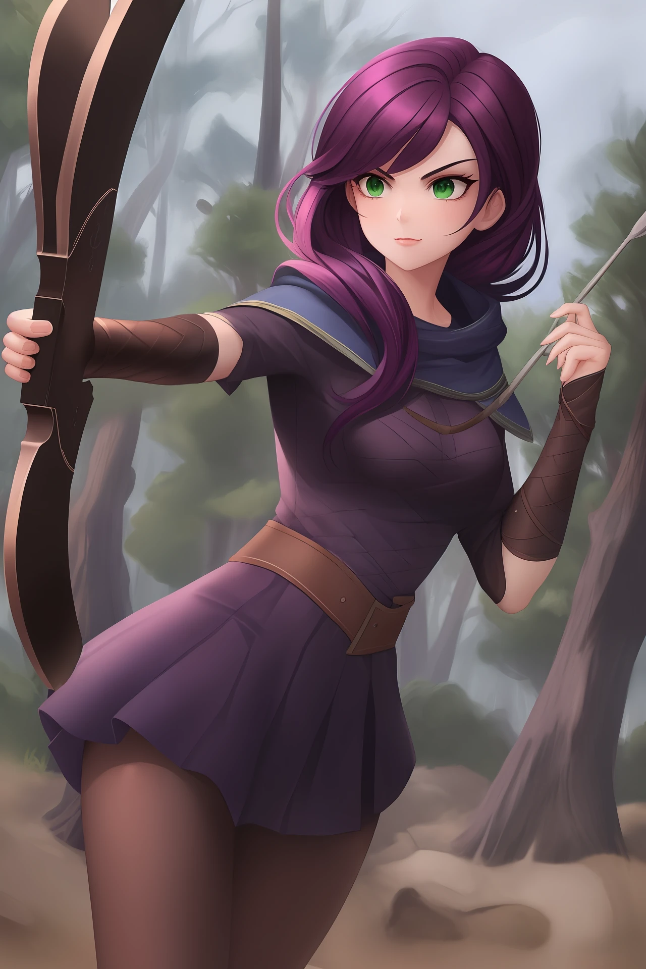 A beautiful fierce woman. Dark purple hair. Bright green eyes. An archer with a hood. Like robin hood. Bow and arrow.