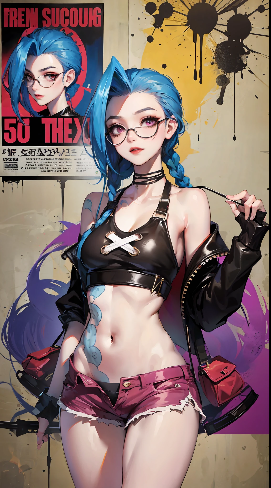 Jinx,Fleshy thighs,Poster publicity style,poster background,C cup,wears glasses,Ultra shorts