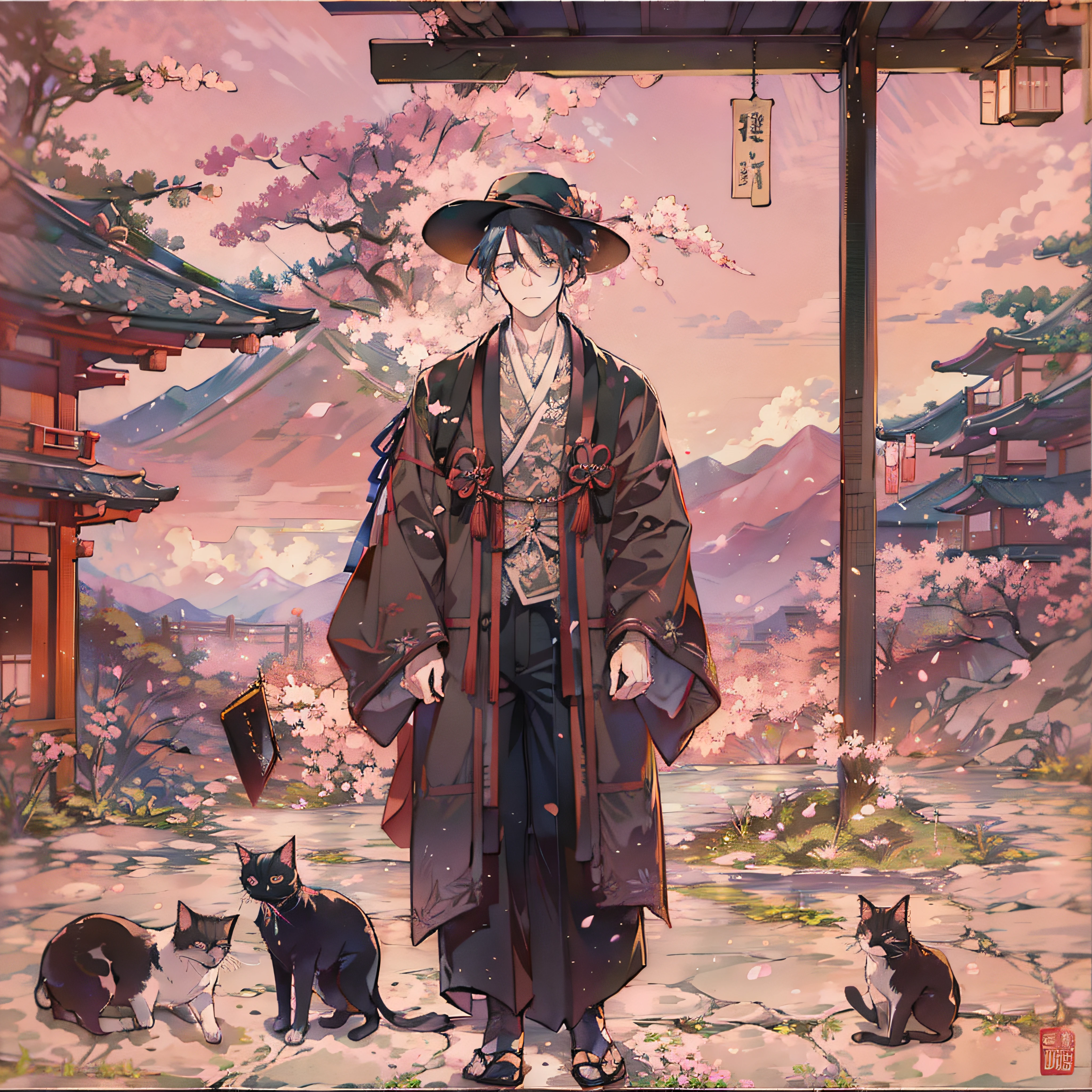 masterpiece、uth、Young man with nervous expression、Young man with a melancholy expression、Young man in withered black suit and hat、Poor figure、Landscape with rusty shades、Old Japan landscape、kyoto、Meiji、Taisho、Taisho romance、stone pavement、Cats、top-quality、hightquality、