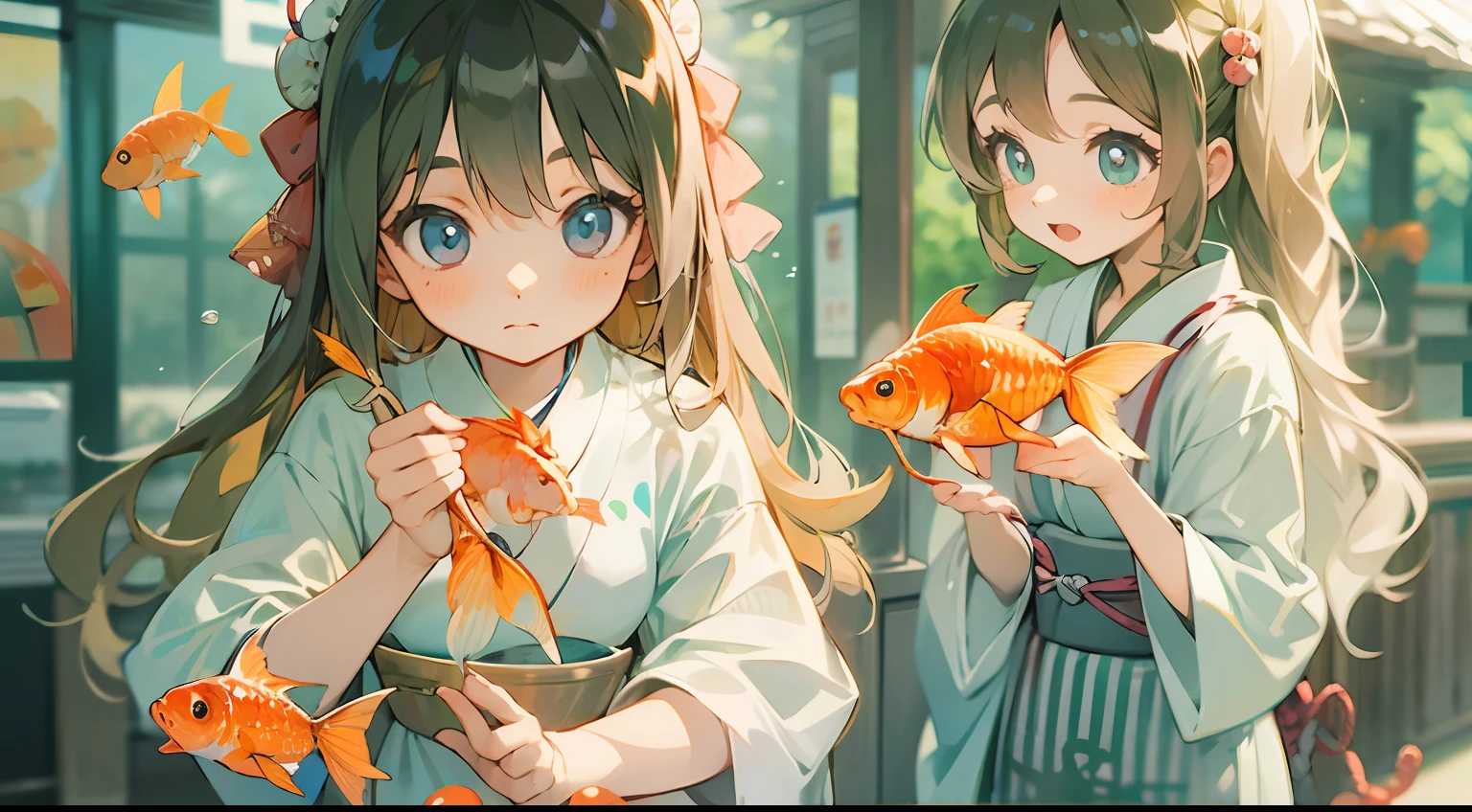 Photo, The girls、japanse, Clothing product samples, Girl scooping goldfish, colored contacts in her eyes, Full body  , In summer