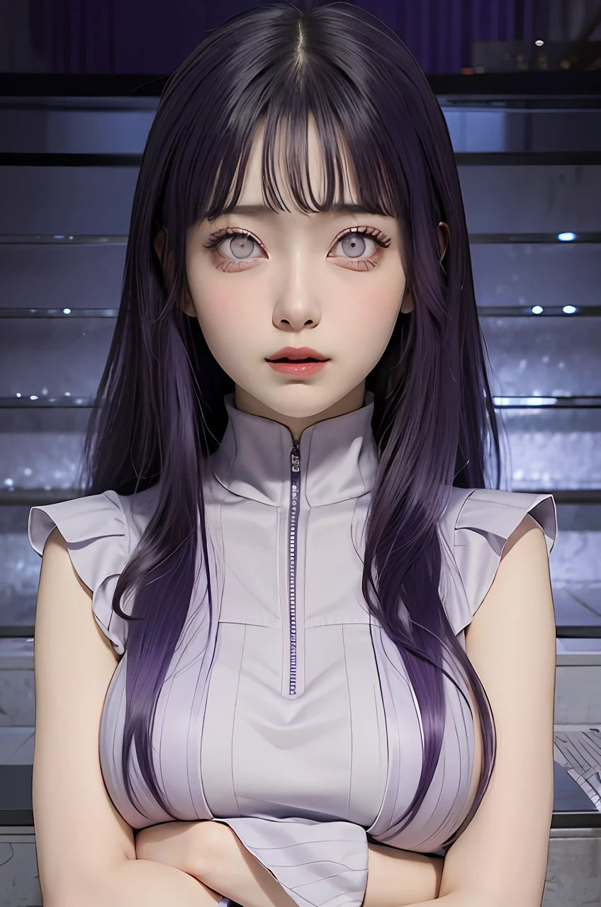 1girl, hyuga hinata, purple hair, white eyes, long hair, purple clothes, big breasts, realistic, ultra detail, indoor background