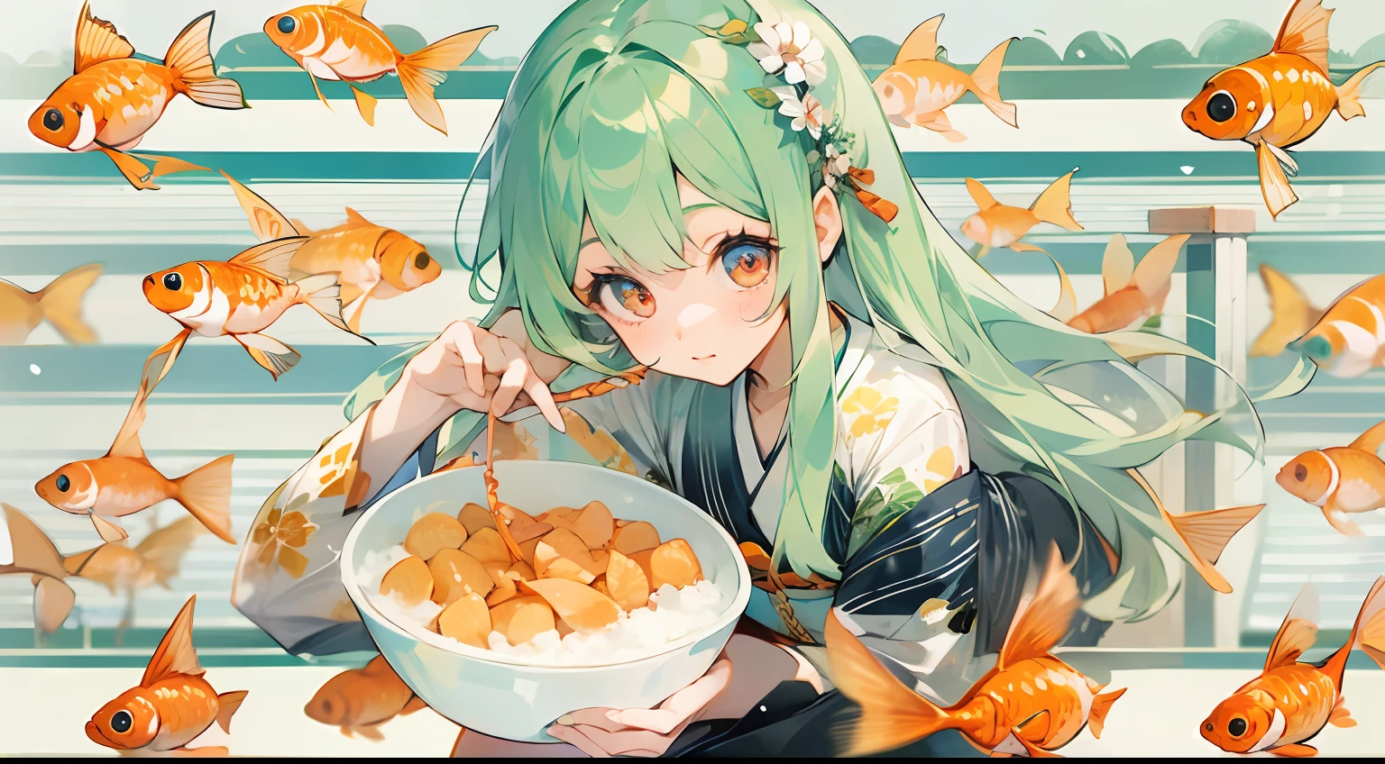 Photo, The girls、japanse, Clothing product samples, Girl scooping goldfish, colored contacts in her eyes, Full body , In summer