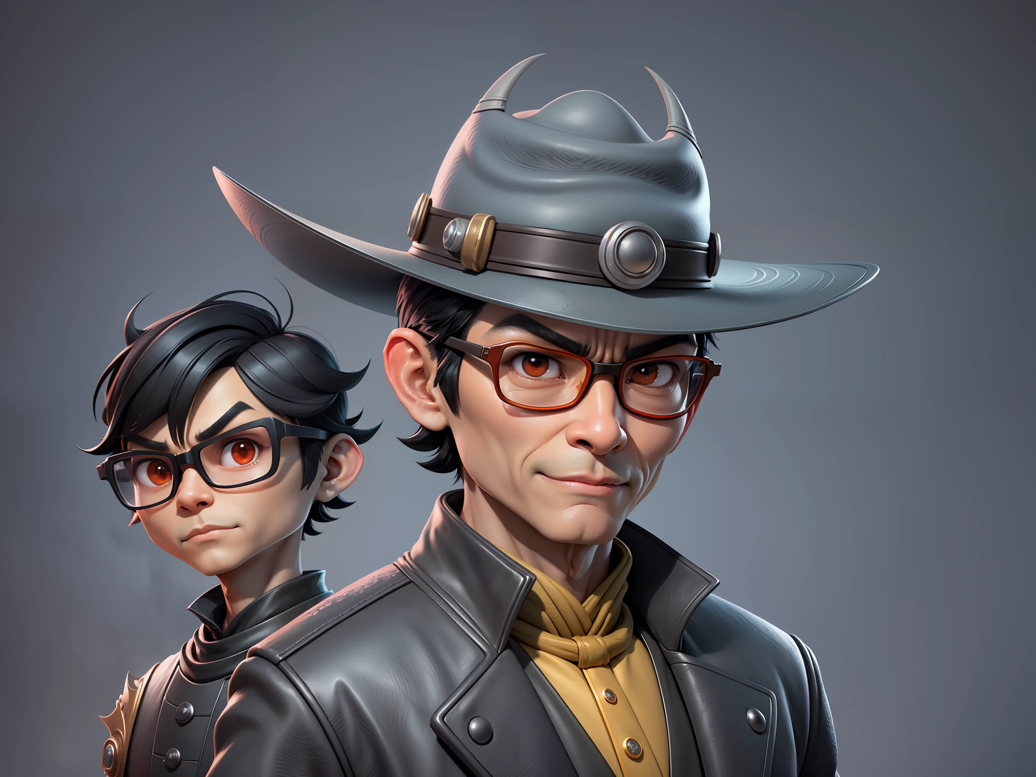 Young man with oriental face in leather hat, dragon, formal suit, short black hair, silver glasses, digital painting, 3D character design by Mark Clairedon and Pixar and Hayao Miyazaki and Akira Toriyama, the illustration is a high-definition illustration in 4K resolution with very detailed facial features and cartoon-style visuals.