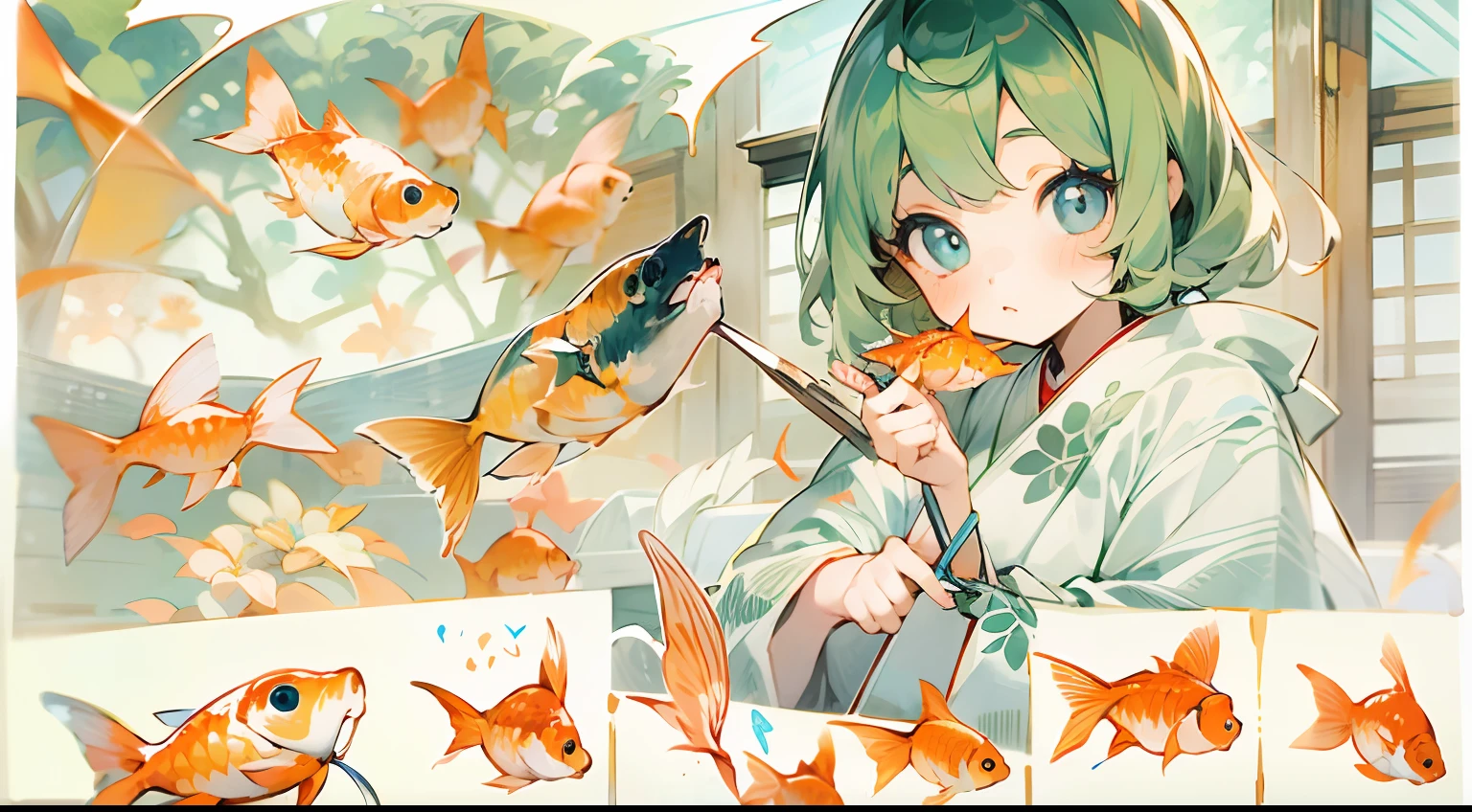 Photo, The girls、japanse, Clothing product samples, Girl scooping goldfish, colored contacts in her eyes, Full body , In summer