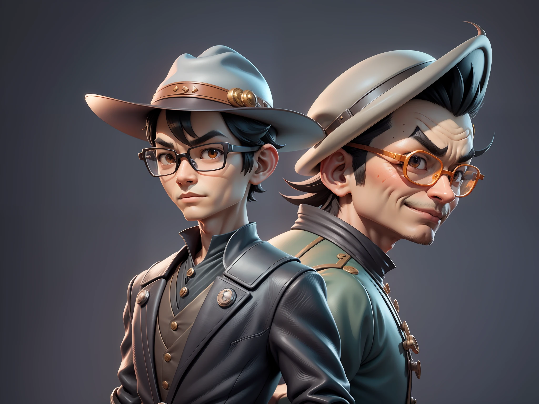 Young man with oriental face in leather hat, dragon, formal suit, short black hair, silver glasses, digital painting, 3D character design by Mark Clairedon and Pixar and Hayao Miyazaki and Akira Toriyama, the illustration is a high-definition illustration in 4K resolution with very detailed facial features and cartoon-style visuals.