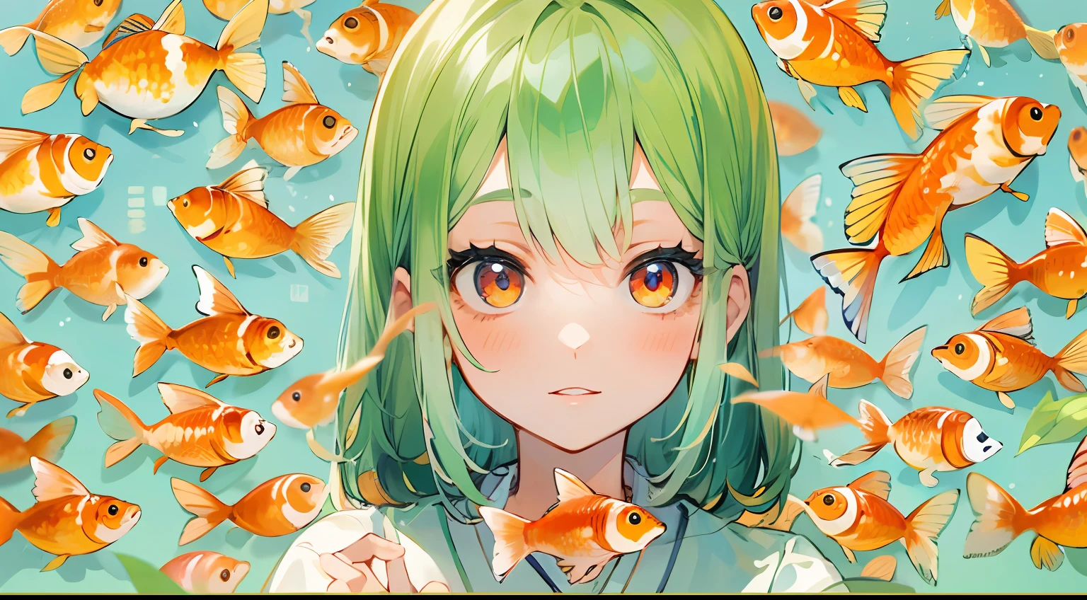Photo, The girls、japanse, Clothing product samples, Girl scooping goldfish, colored contacts in her eyes, Full body , In summer