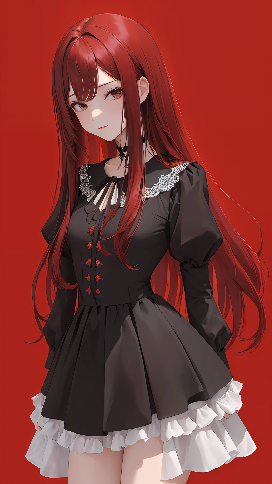 (obra-prima, melhor qualidade:1.4), olhando para o espectador, fringer, {indoor|simple red background},
(cabelo ondulado:0,8), cabelo longo, {cabelo preto}, {tema vermelho},vestido, vampira