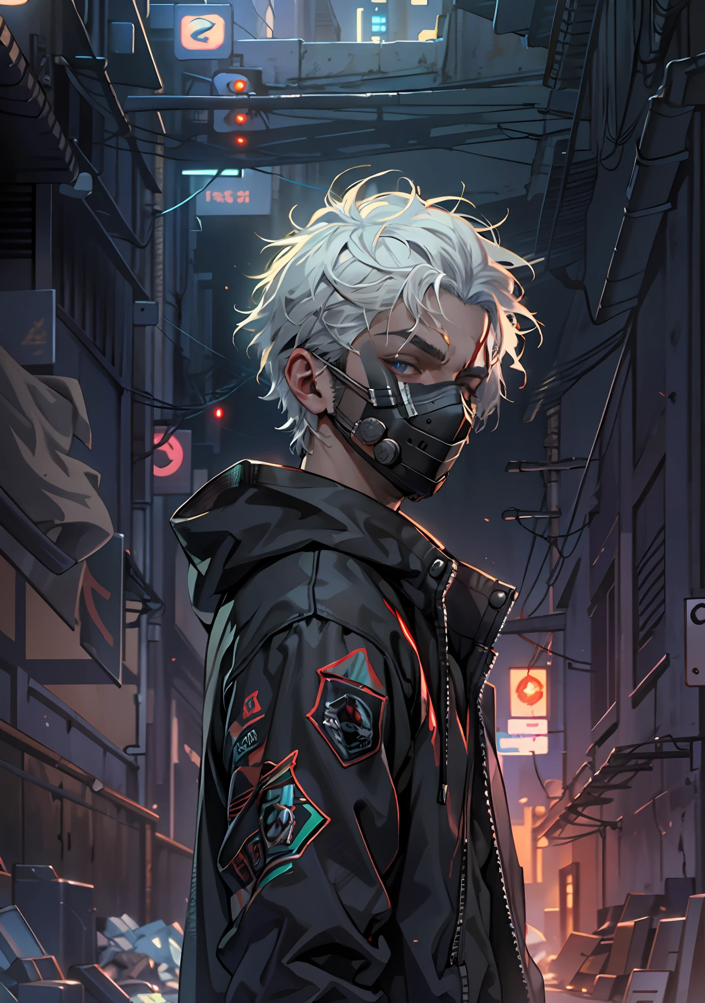 ultra detail, high resolution, ultra detailed, best quality, amazing, top quality, extremely detailed CG 8k wallpaper unit, cinematic lighting, cyberpunk, dark boy, trash gang face mask, 18 white haired boy, blind with a black bandana covering his eyes