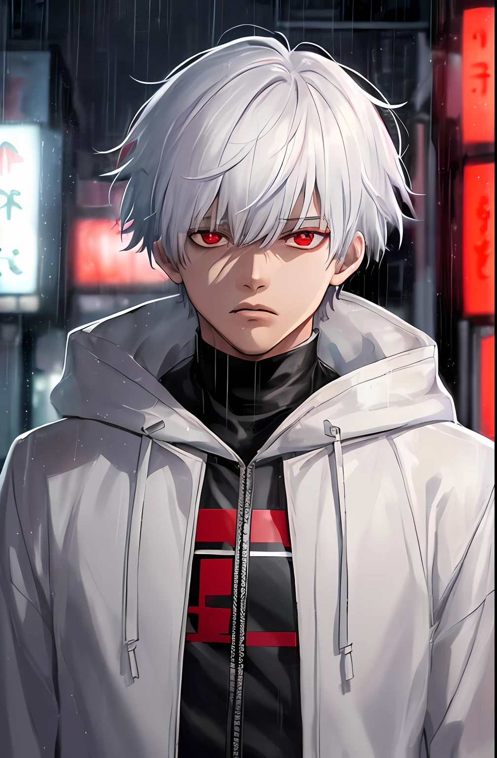 kk, best quality, more details, masterpiece, 1boy, kaneki ken, portrait, male focus, red eyes, solo, bangs, looking at viewer, hood, short hair, rain, tokyo tokyo \(city\), hood up, nail polish, white hair, luxurious, 8k, detailed, ray tracing, depth of field, cinematic lighting,