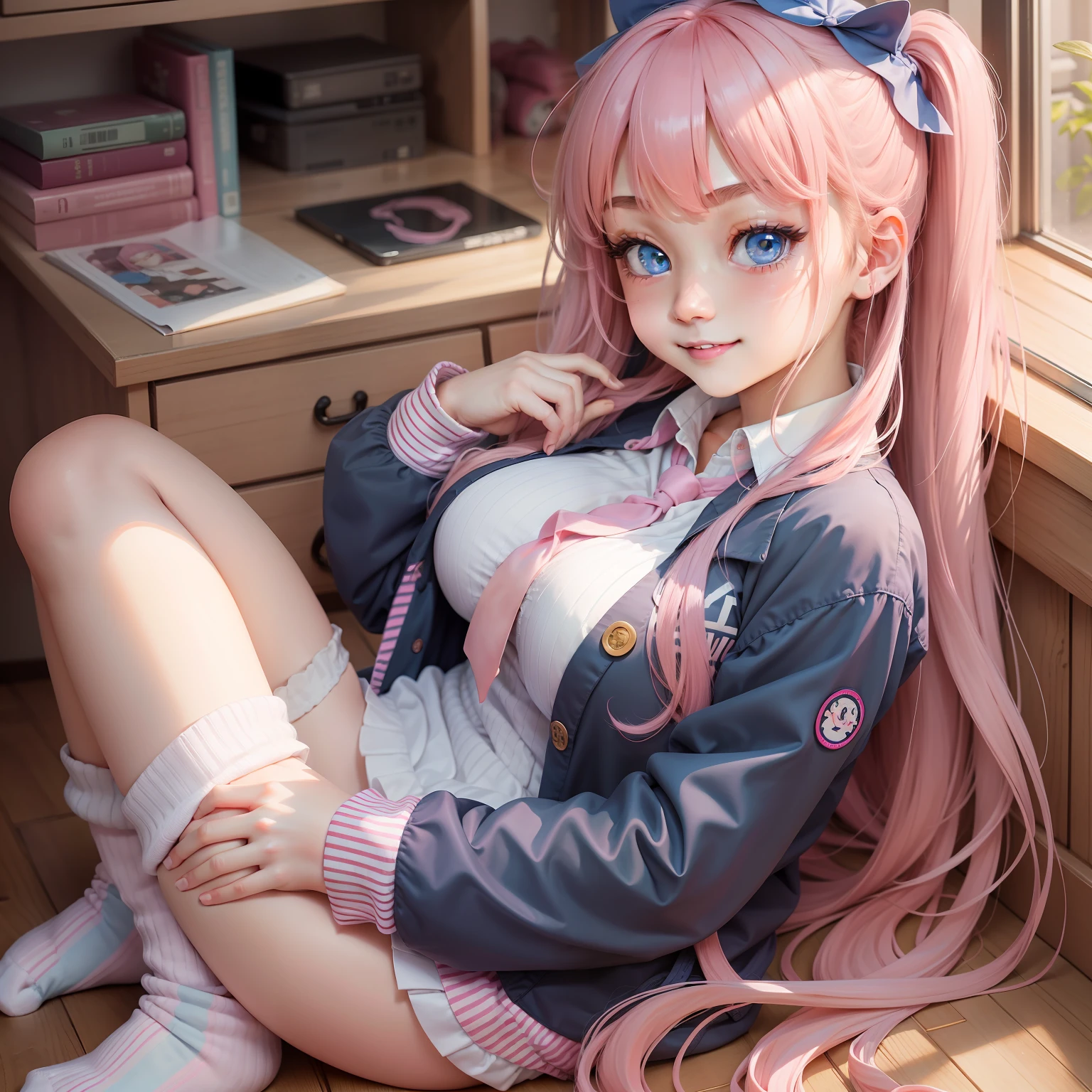Loose Socks 校服、blazers、a smile、16Year old girl Long Pink hair top-quality masterpiece 超A high resolution beautiful a girl huge tit blue eyess Twin-tailed Detailed skin