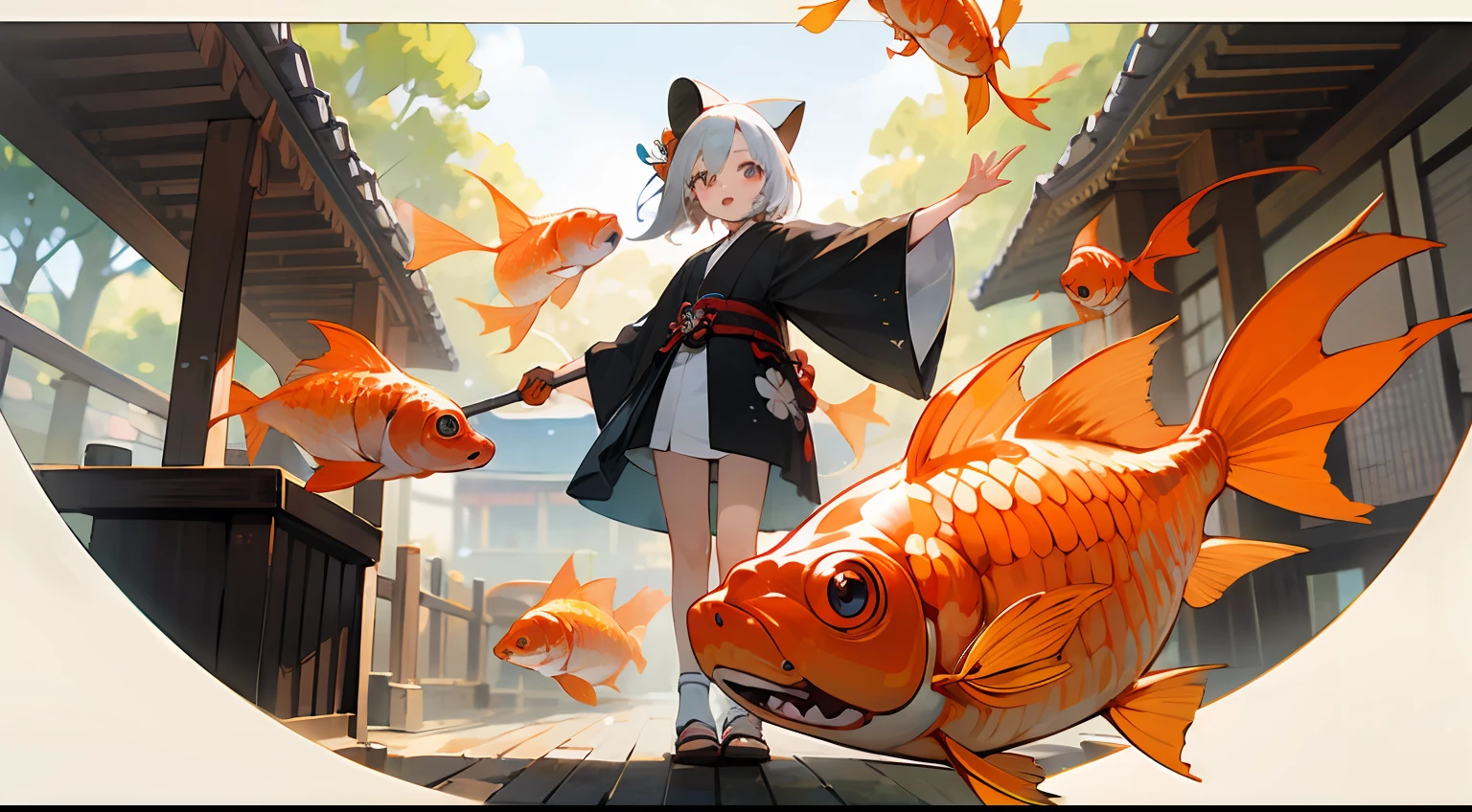 Photo, The girls、japanse, Clothing product samples, Girl scooping goldfish, colored contacts in her eyes, Full body  , In summer