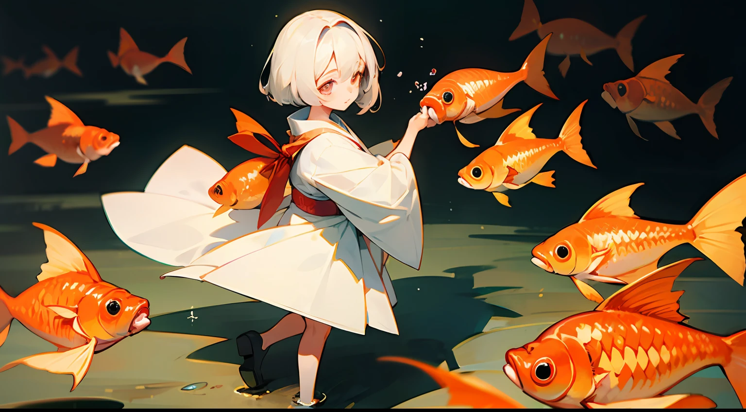 Photo, The girls、japanse, Clothing product samples, Girl scooping goldfish, colored contacts in her eyes, Full body  , In summer