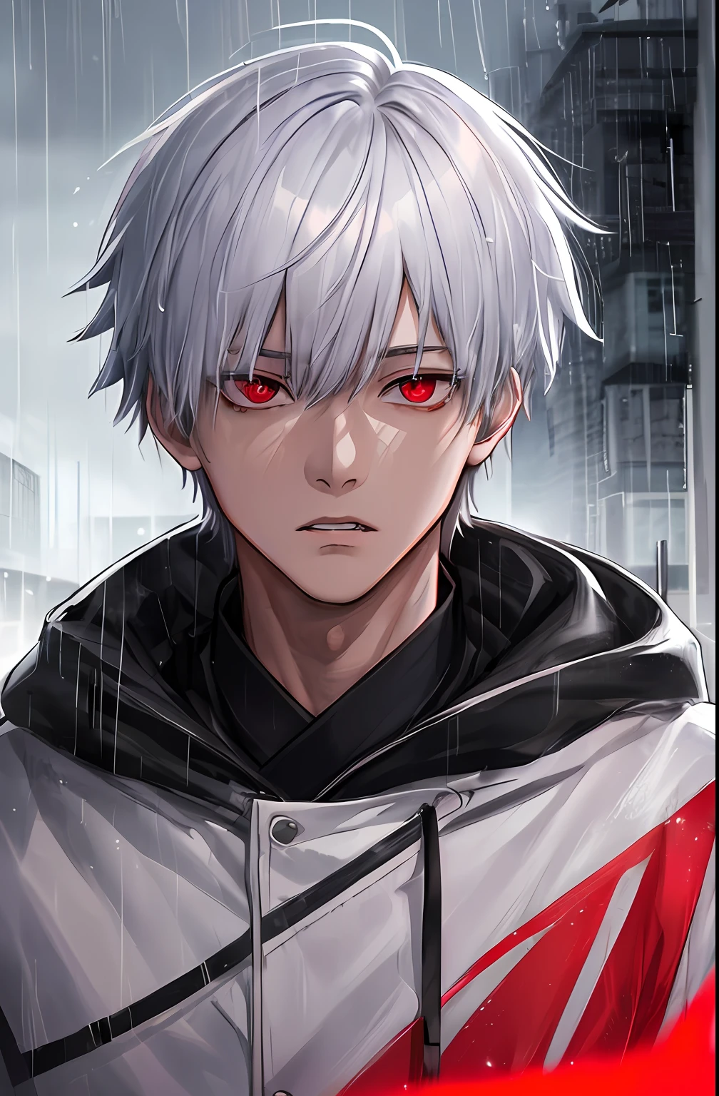 kk, best quality, more details, masterpiece, 1boy, kaneki ken, portrait, male focus, red eyes, solo, bangs, looking at viewer, hood, short hair, rain, tokyo tokyo \(city\), hood up, nail polish, white hair, luxurious, 8k, detailed, ray tracing, depth of field, cinematic lighting,