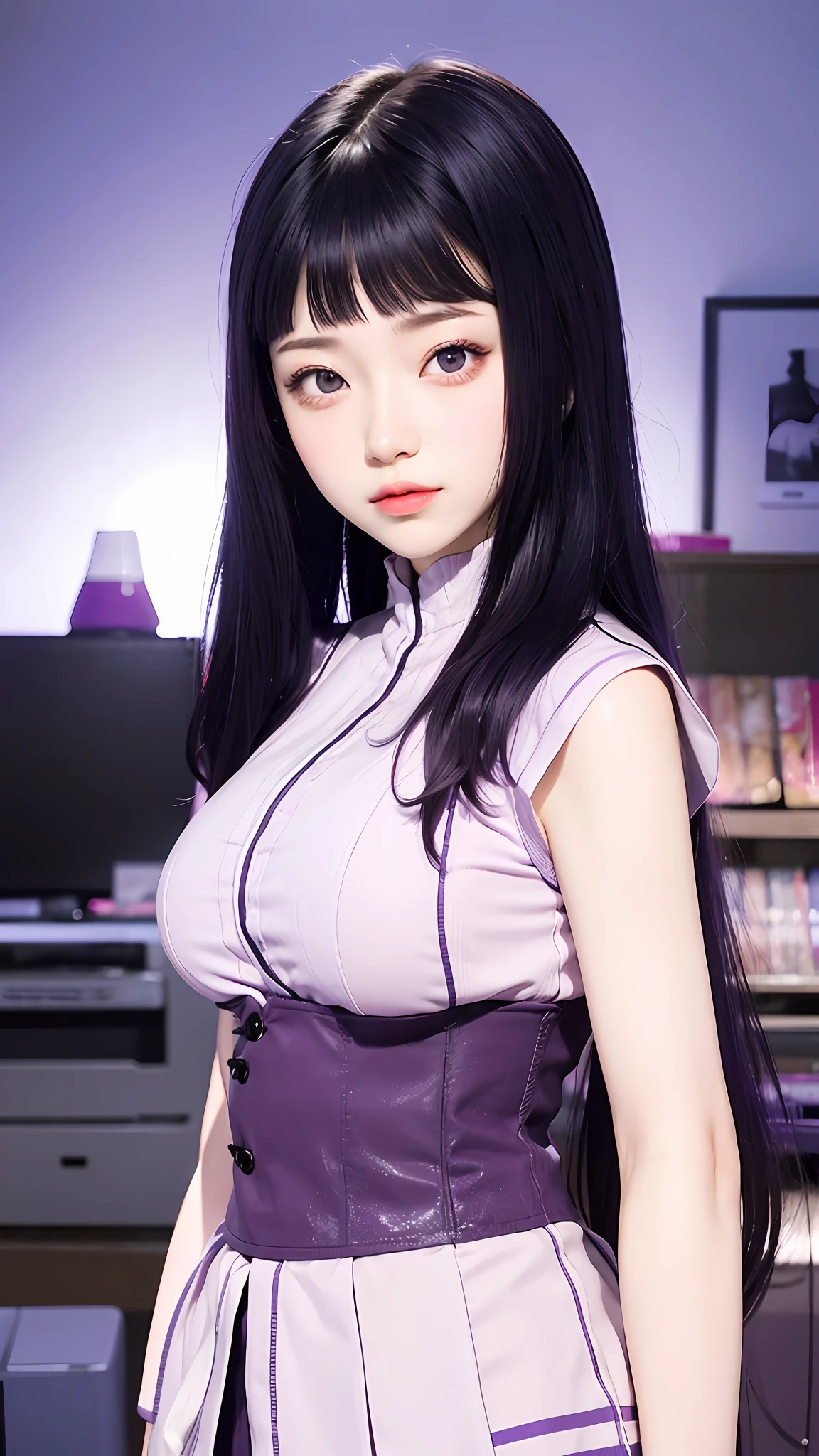 1girl, hyuga hinata, purple hair, white eyes, long hair, purple clothes, big breasts, realistic, ultra detail, indoor background