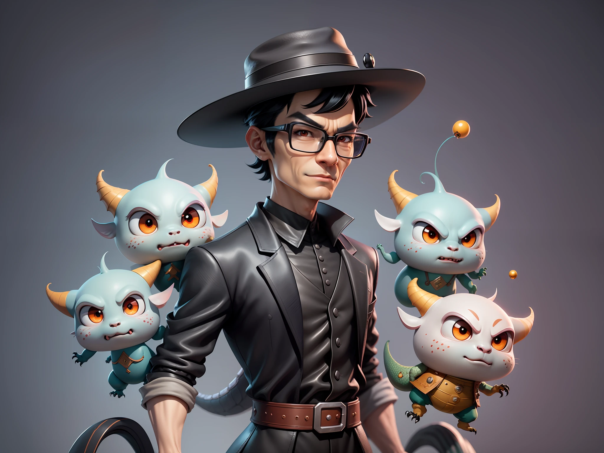 Young man with oriental face in leather hat, dragon, formal suit, short black hair, silver glasses, digital painting, 3D character design by Mark Clairedon and Pixar and Hayao Miyazaki and Akira Toriyama, the illustration is a high-definition illustration in 4K resolution with very detailed facial features and cartoon-style visuals.