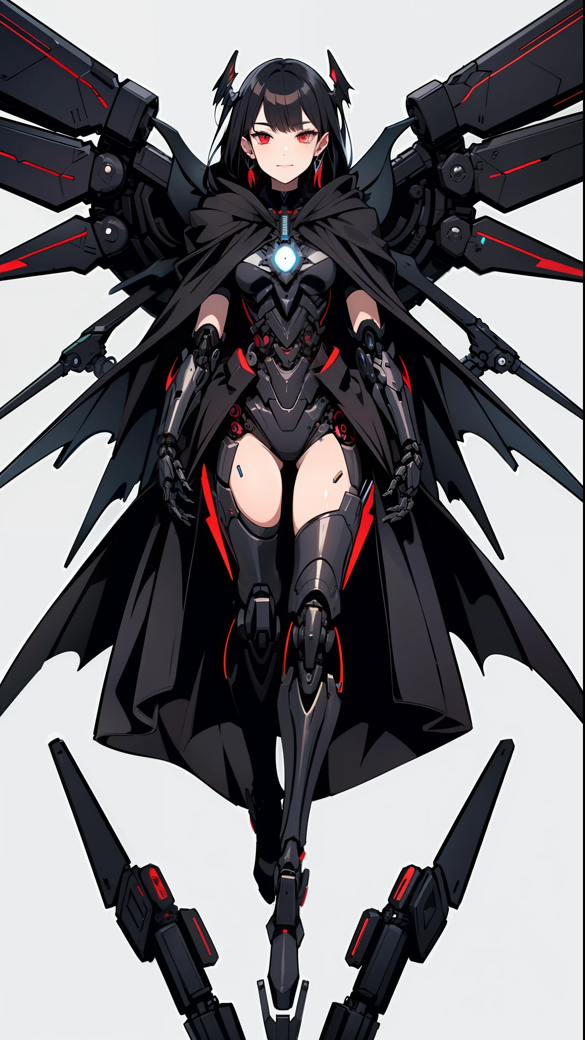 huhd,evil female cyborg with (Mechanical wings:1.4) Wearing (Black robes:1.2) (Cloak:1.2),mechanical leg,
