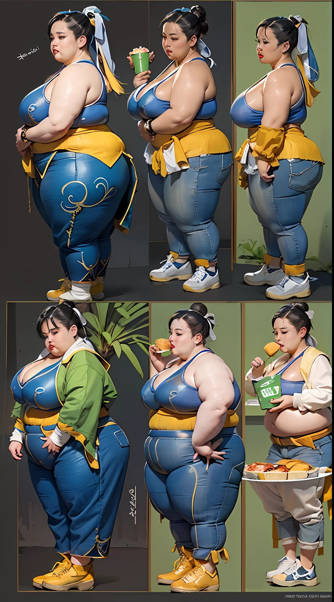 Chun Li who has quit fighting and indulged herself eating and specially fastfood for years, too extremely super obese, obese bottomed, with a thin torso, with small boobs, with slim cheeks, with Chun-Li's head
