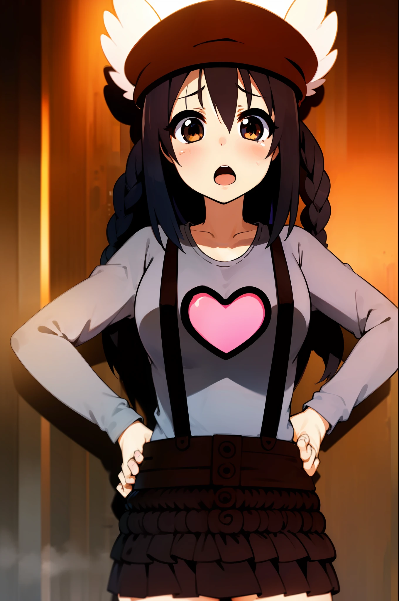 1girl, (((masterpiece))), top-quality, top-quality, High Details, nakano azusa, 1girl, Twin-tailed, length hair, A dark-haired, brown-eyed, Gray T-shirt.suspenders.a black skirt.illustratio, comic strip, soothing tones, Subdued Color, Soft cinematic light, adobe lightroom, photolab, HDR, intricately and hyper-detailed、(((depth of fields))))。(((masterpiece)))。(((top-quality))).)((ultra-detailliert)))。(((illustratio)))。(((takeout))).dynamic focus.big breasts.(((Skyscrapers))).(((A city scape))).(((Face of sadness))). open mouth.(((put hands on the hip))).(((up chest))).((evening glow)).((the setting sun)).(((Heart on chest))).Feathered hat