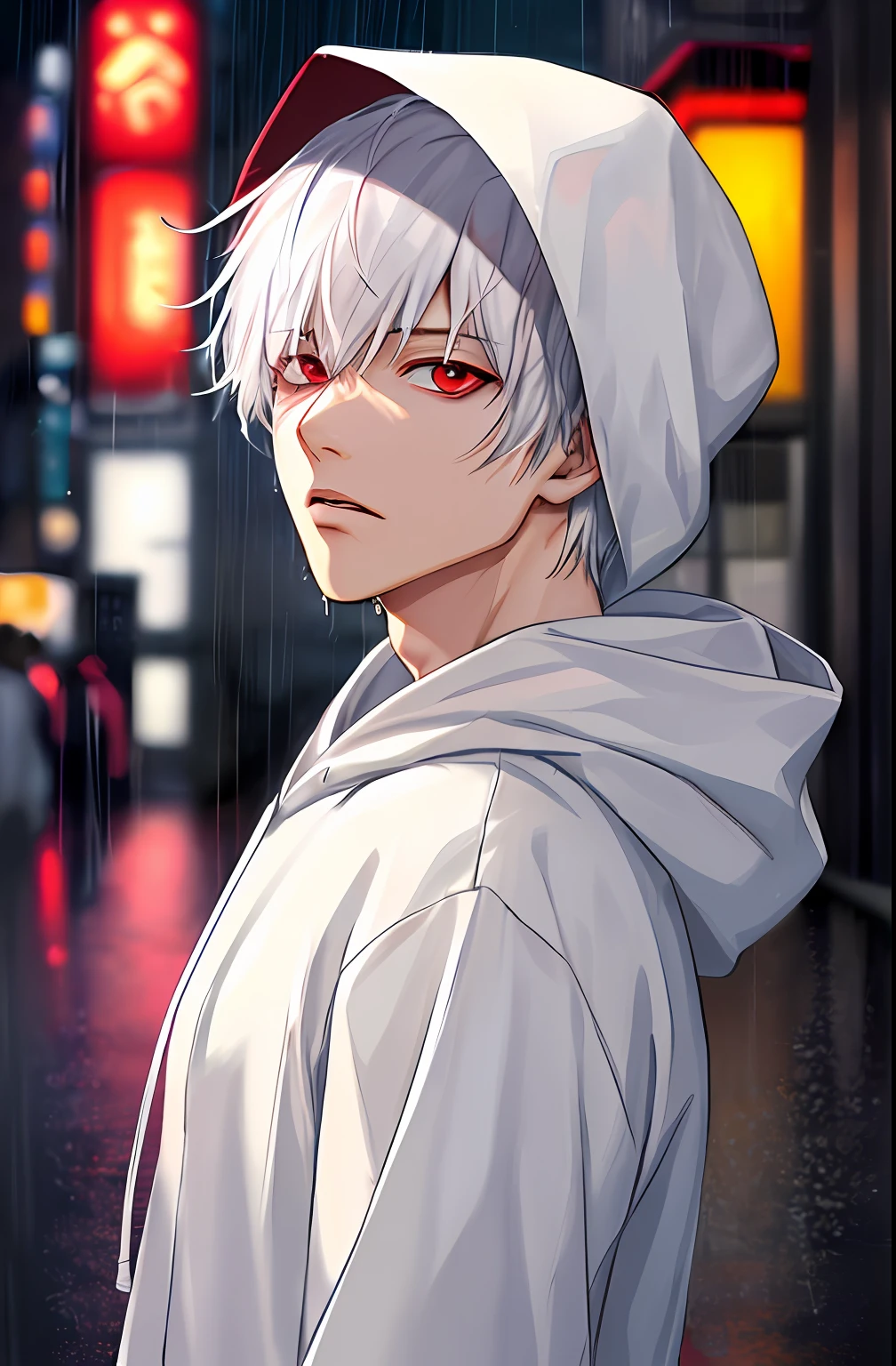 kk, best quality, more details, masterpiece, 1boy, kaneki ken, portrait, male focus, red eyes, solo, bangs, looking at viewer, hood, short hair, rain, tokyo tokyo \(city\), hood up, nail polish, white hair, luxurious, 8k, detailed, ray tracing, depth of field, cinematic lighting,