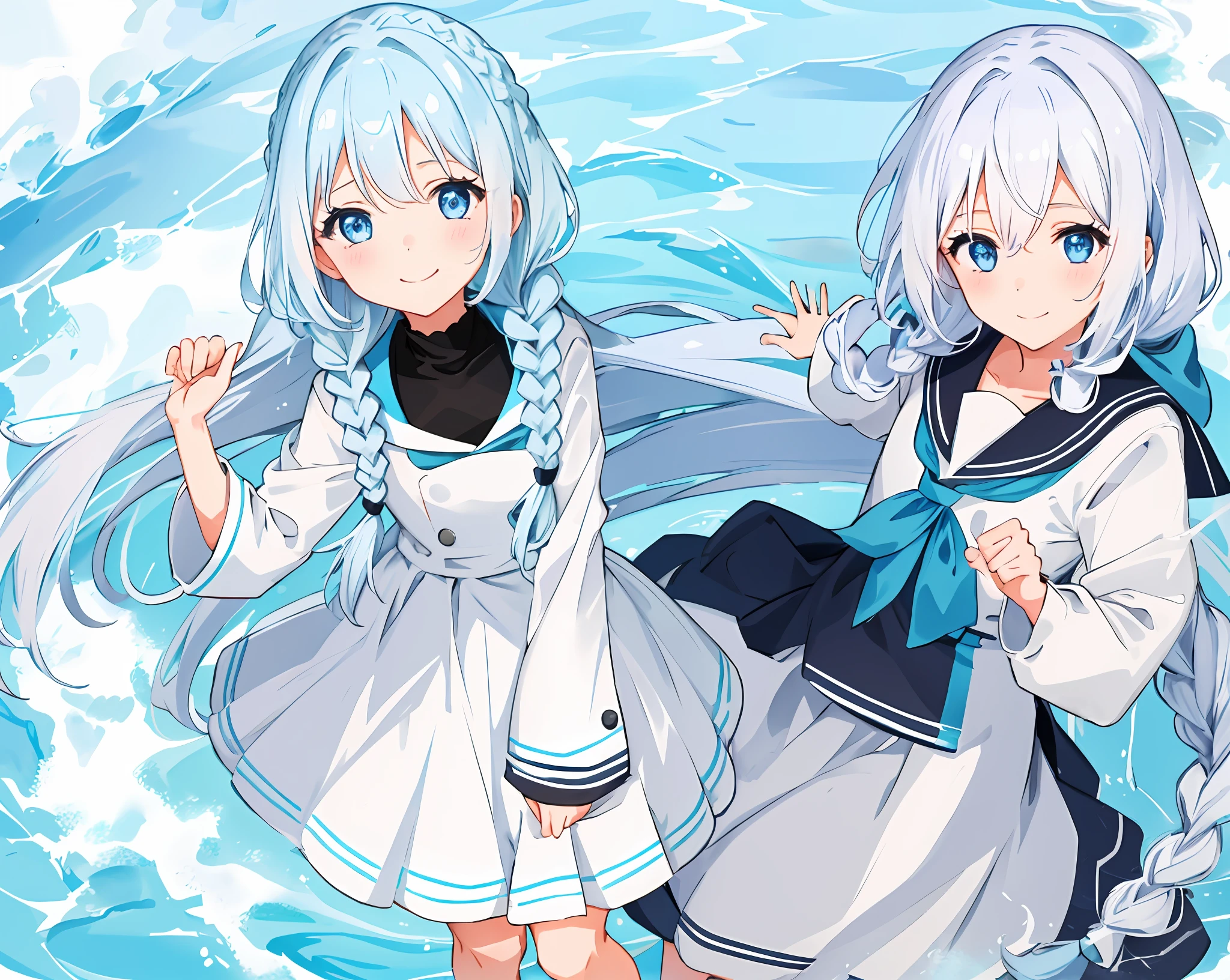 1 girl in、girl with、pastel blue eyes、white  hair、a smile、a sailor suit、Black sailor suit、looking at the viewers、Long、Braids