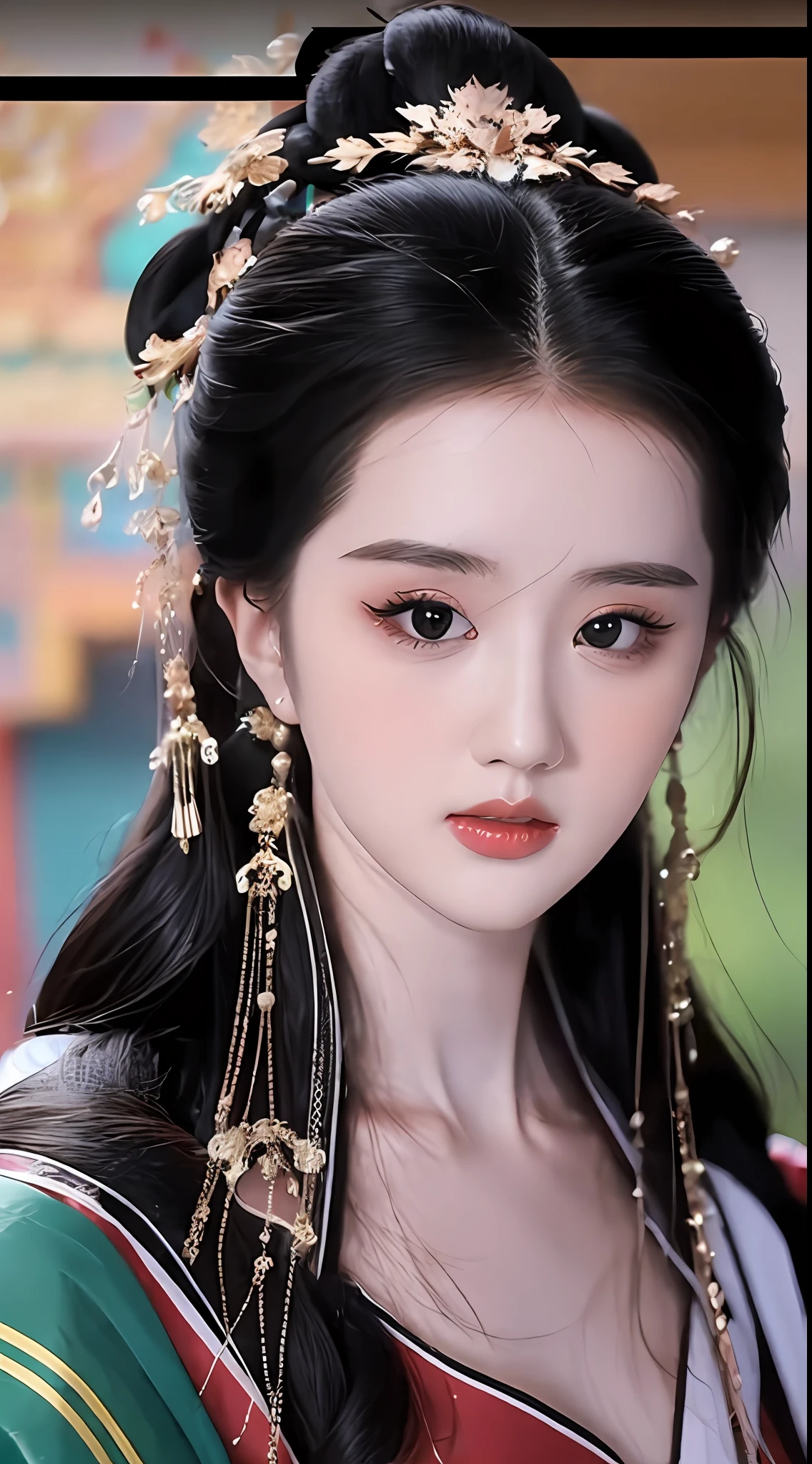 best quality, masterpiece, highres, 1girl, hanfu, lingerie china, hair ornament, necklace, jewelry, Beautiful face, upon_body, tyndall effect, photorealistic, dark studio, rim lighting, two tone lighting, (high detailed skin:1.2), 8k uhd, dslr, soft lighting, high quality, volumetric lighting, candid, Photograph, high resolution, 4k, 8k, Bokeh, (light pink lips), 1 beautiful devil woman from hell, In the Dark: 1.6), surreal female portrait by David Hockney and Alphonse Mucha, fantasy art, photorealism, dynamic lighting, artstation, volumetric lighting, very detailed faces, 8k ultra, Awarded, in the dark, deep shadow, low key, cowboy lens, (Red phoenix dress: 1.4), long hair, black hair, no facial hair, bust, luxurious palace, Royal style, devil crown, red eyes make up very sharp and detailed, The most beautiful face, The breasts are very big and round and round, Super realistic, chinese women's clothing, polo neck sweater, Charming smile, The eyes are very well made up, guweiz, devil style, wearing black mesh socks, Ponytail with a bow tied at the back of the hair, Red black lips, Devil tattoo on shoulder, wearing a thin red and black, robe, the landscape is overcast and thunderous, (Portrait), Close-up of the main character, (Background details 1.8),